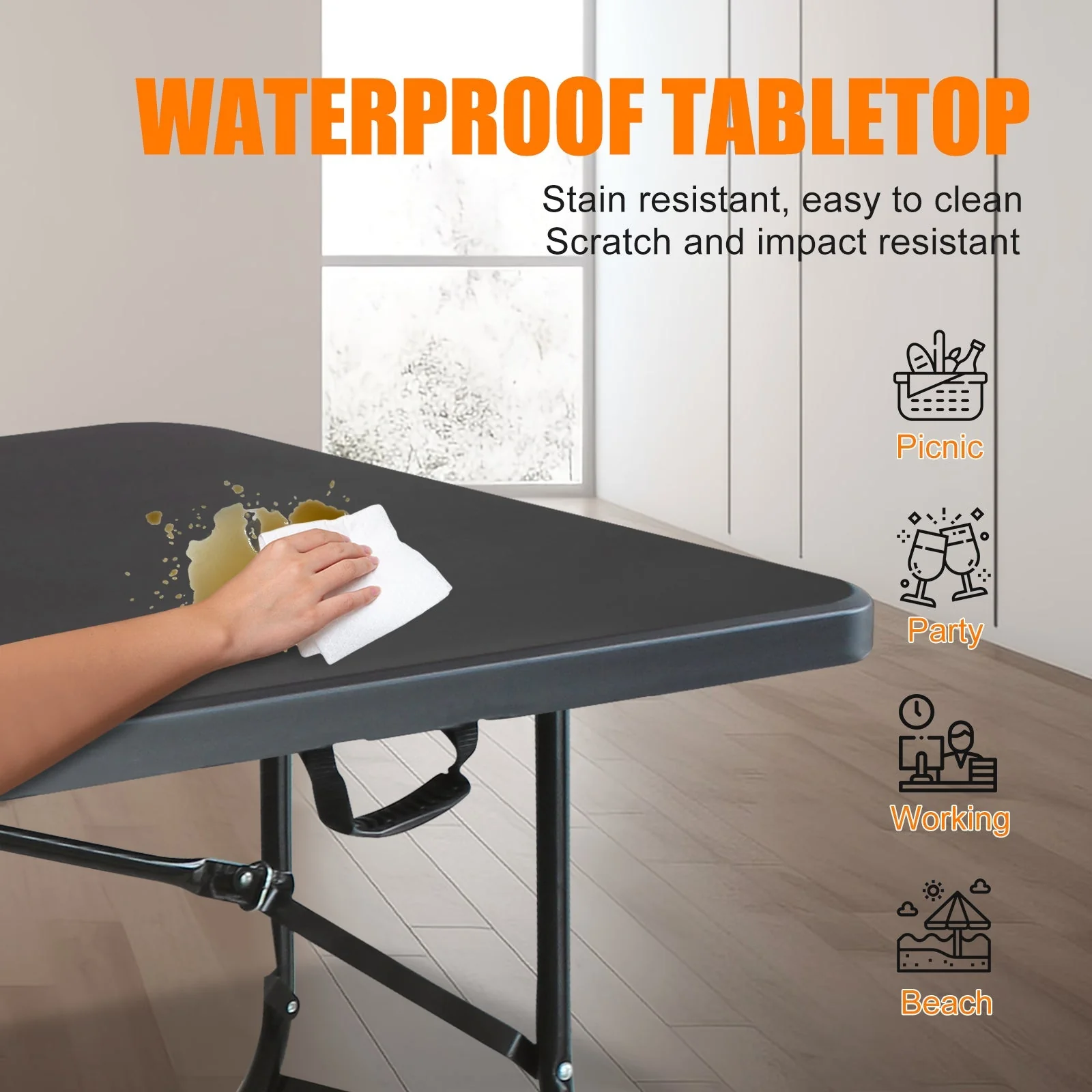 Folding Table 180cm, Portable Heavy Duty Multi-Functional, Black - Image 5