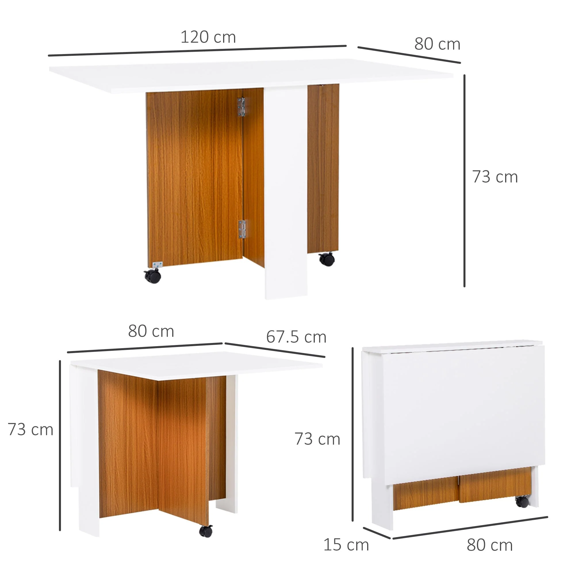 Folding table mobile dining table with folding worktop and castors in white - Image 3