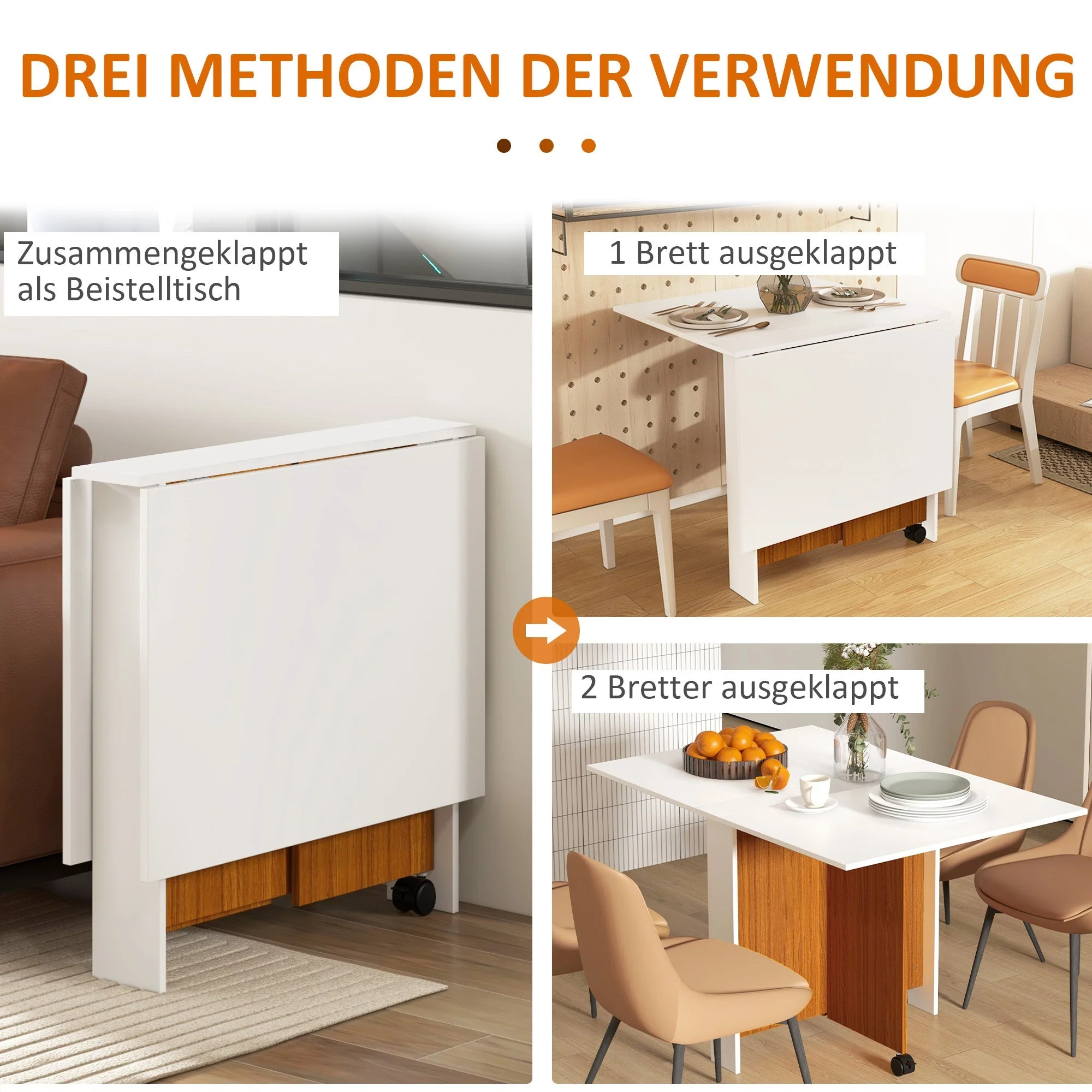 Folding table mobile dining table with folding worktop and castors in white - Image 4