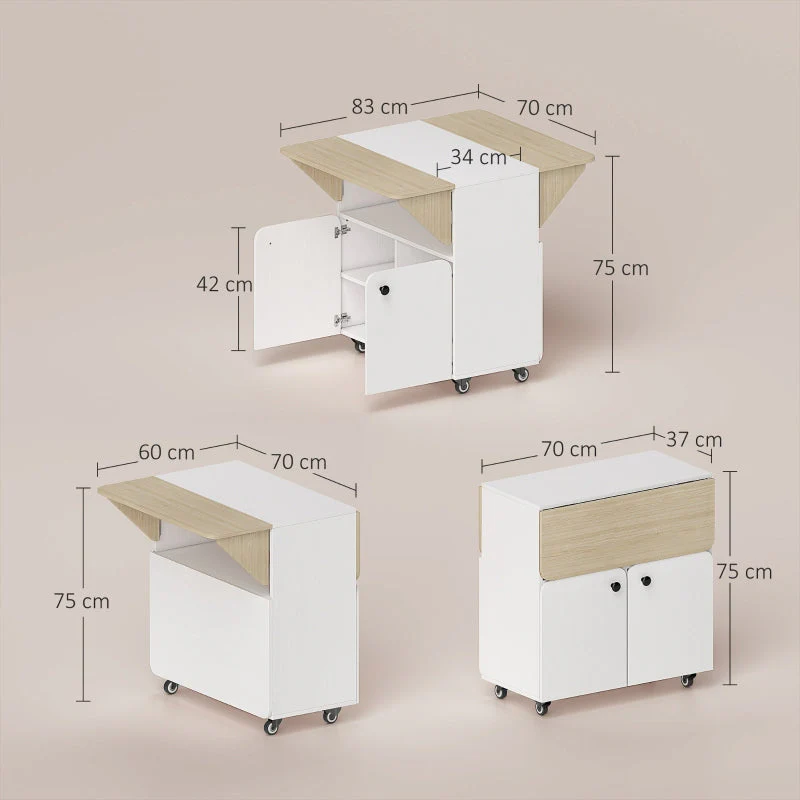Folding Table with Rolling Cabinet, Two Folding Sides, 4 Casters, White + Natural Wood - Image 3
