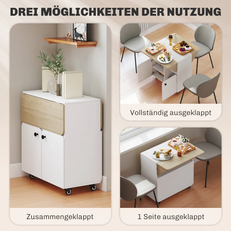 Folding Table with Rolling Cabinet, Two Folding Sides, 4 Casters, White + Natural Wood - Image 4