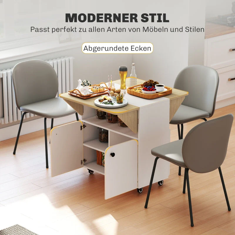 Folding Table with Rolling Cabinet, Two Folding Sides, 4 Casters, White + Natural Wood - Image 5