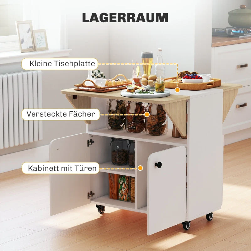 Folding Table with Rolling Cabinet, Two Folding Sides, 4 Casters, White + Natural Wood - Image 6