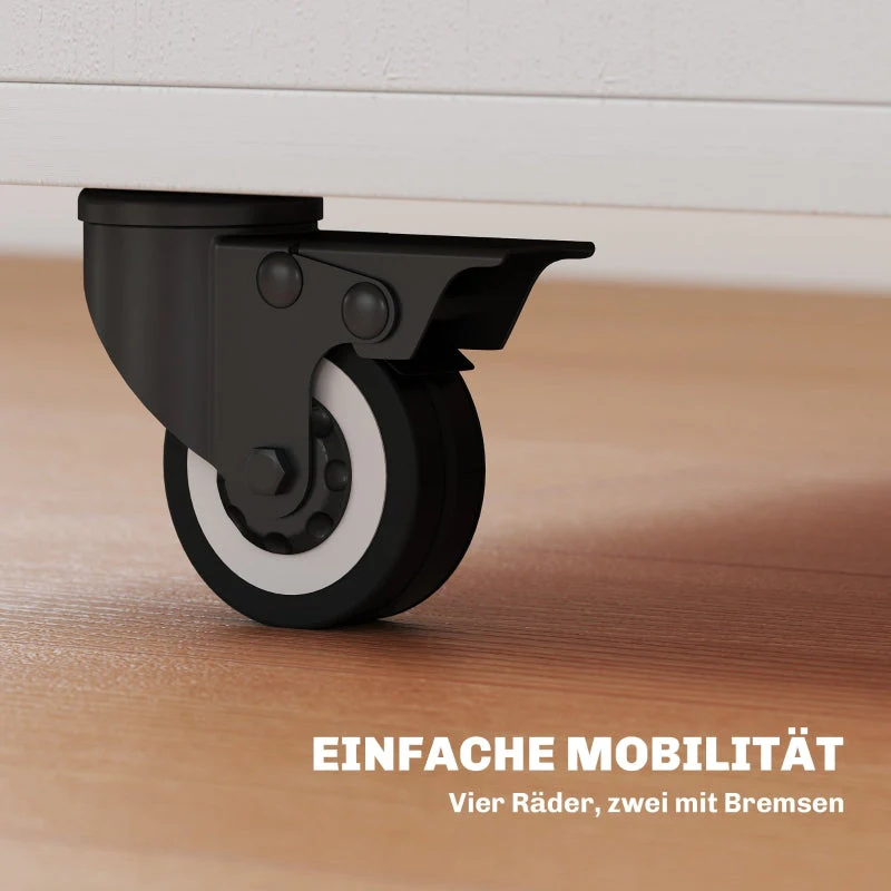 Folding Table with Rolling Cabinet, Two Folding Sides, 4 Casters, White + Natural Wood - Image 7