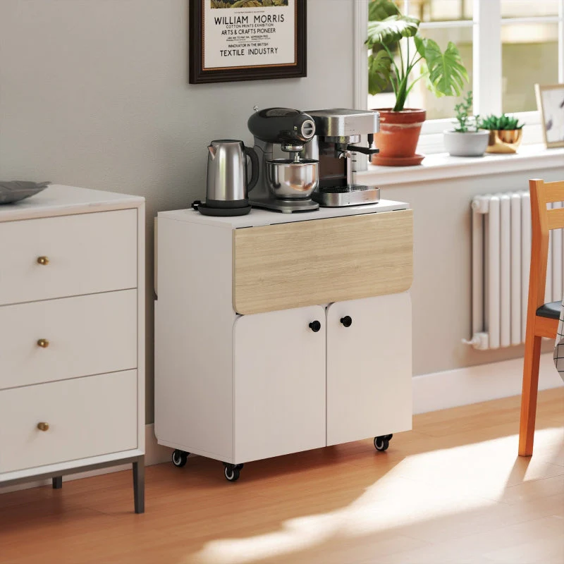 Folding Table with Rolling Cabinet, Two Folding Sides, 4 Casters, White + Natural Wood - Image 8