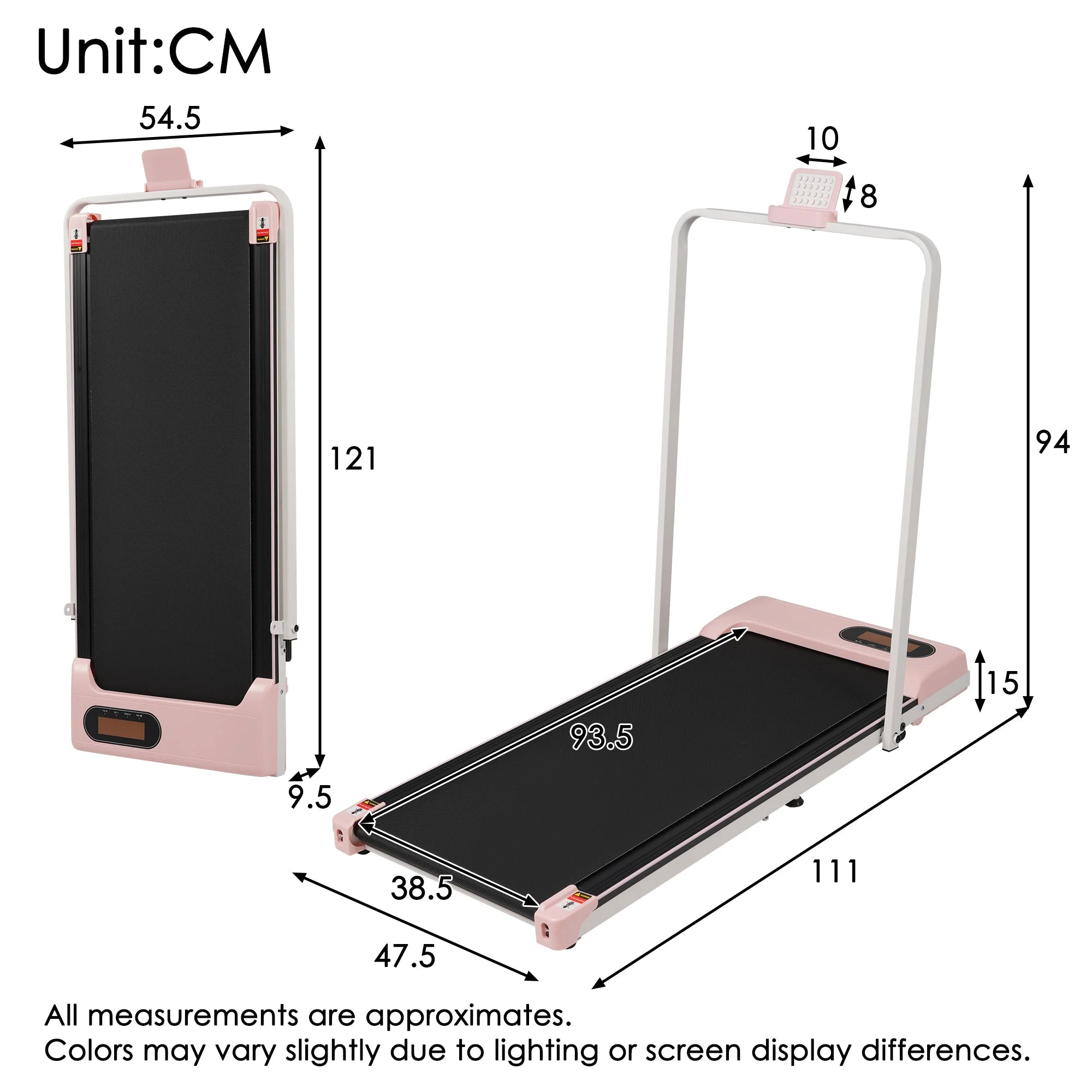 Folding Treadmill with Handrail & Adjustable Incline, Pink - Image 2