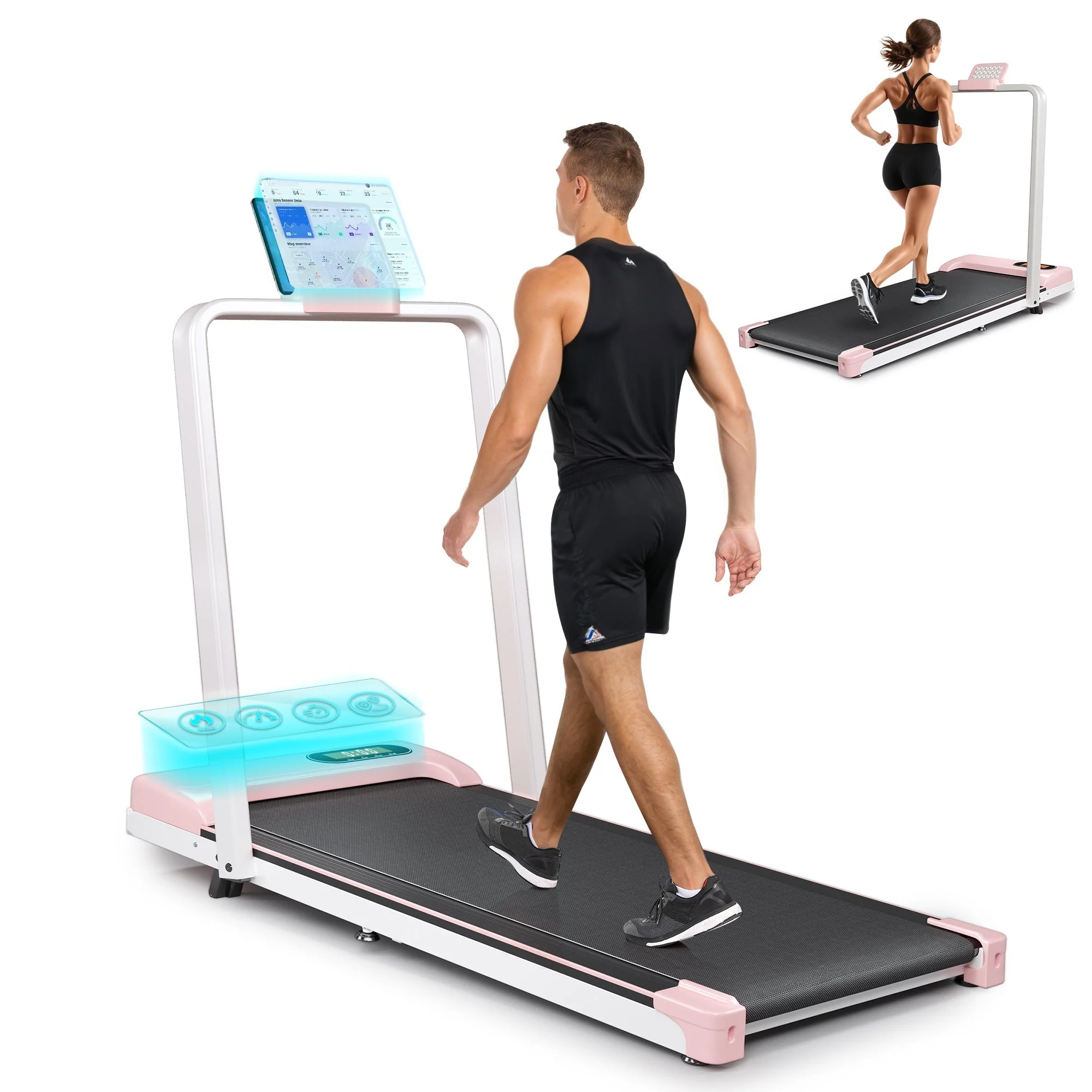 Folding Treadmill with Handrail & Adjustable Incline, Pink - Image 3