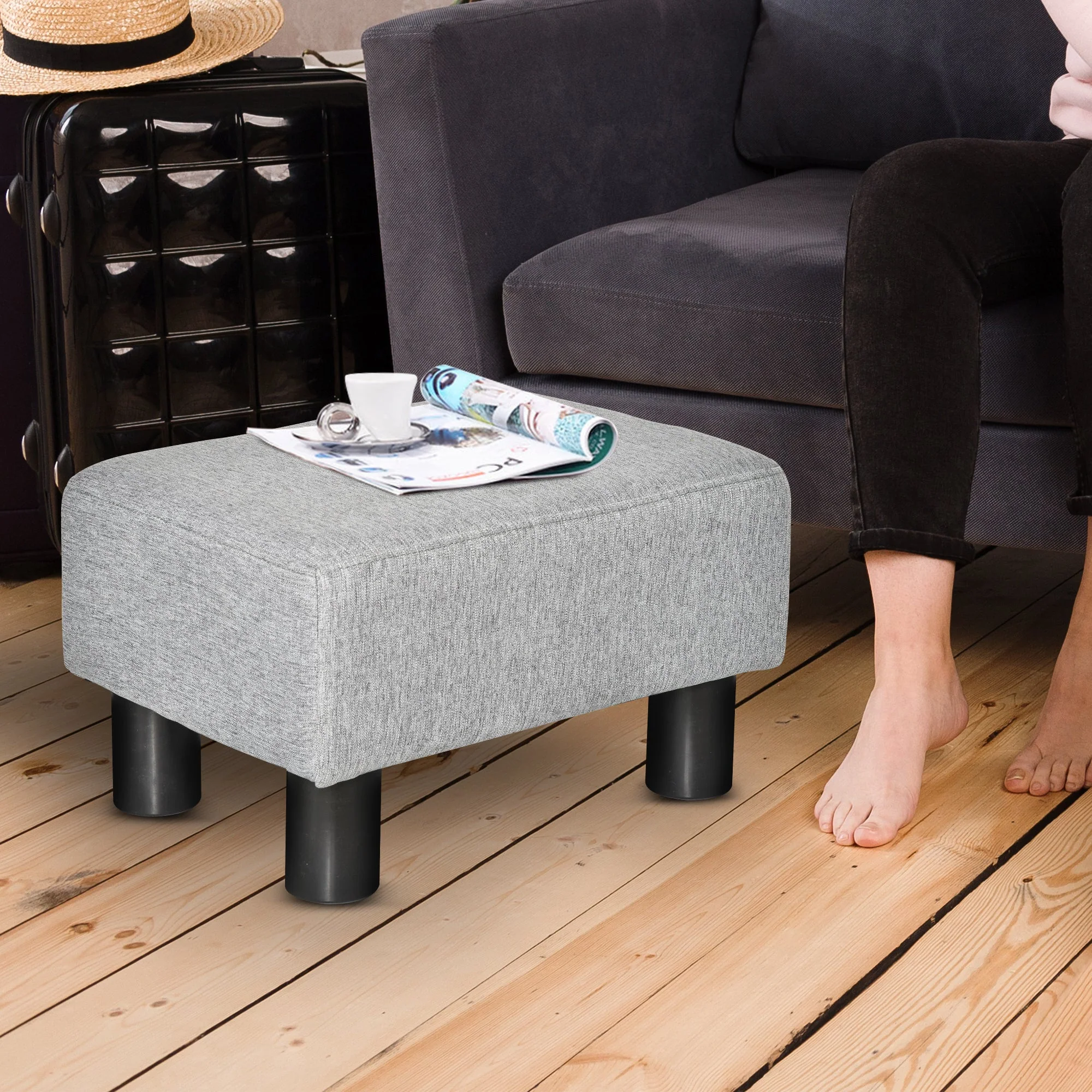 Footstool Rectangular Ottoman Upholstered Linen 150kg Capacity, Grey - Image 4