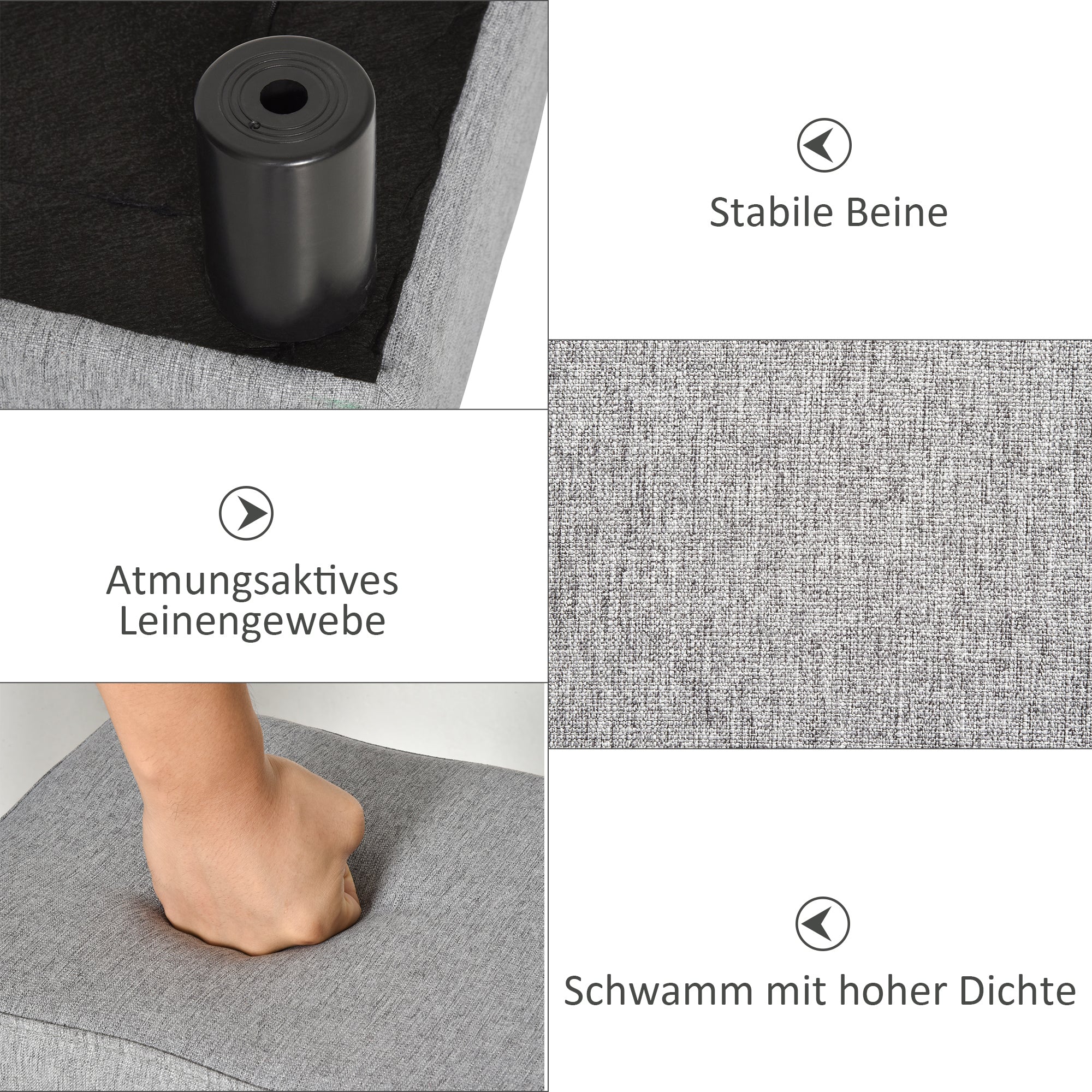 Footstool Rectangular Ottoman Upholstered Linen 150kg Capacity, Grey - Image 5