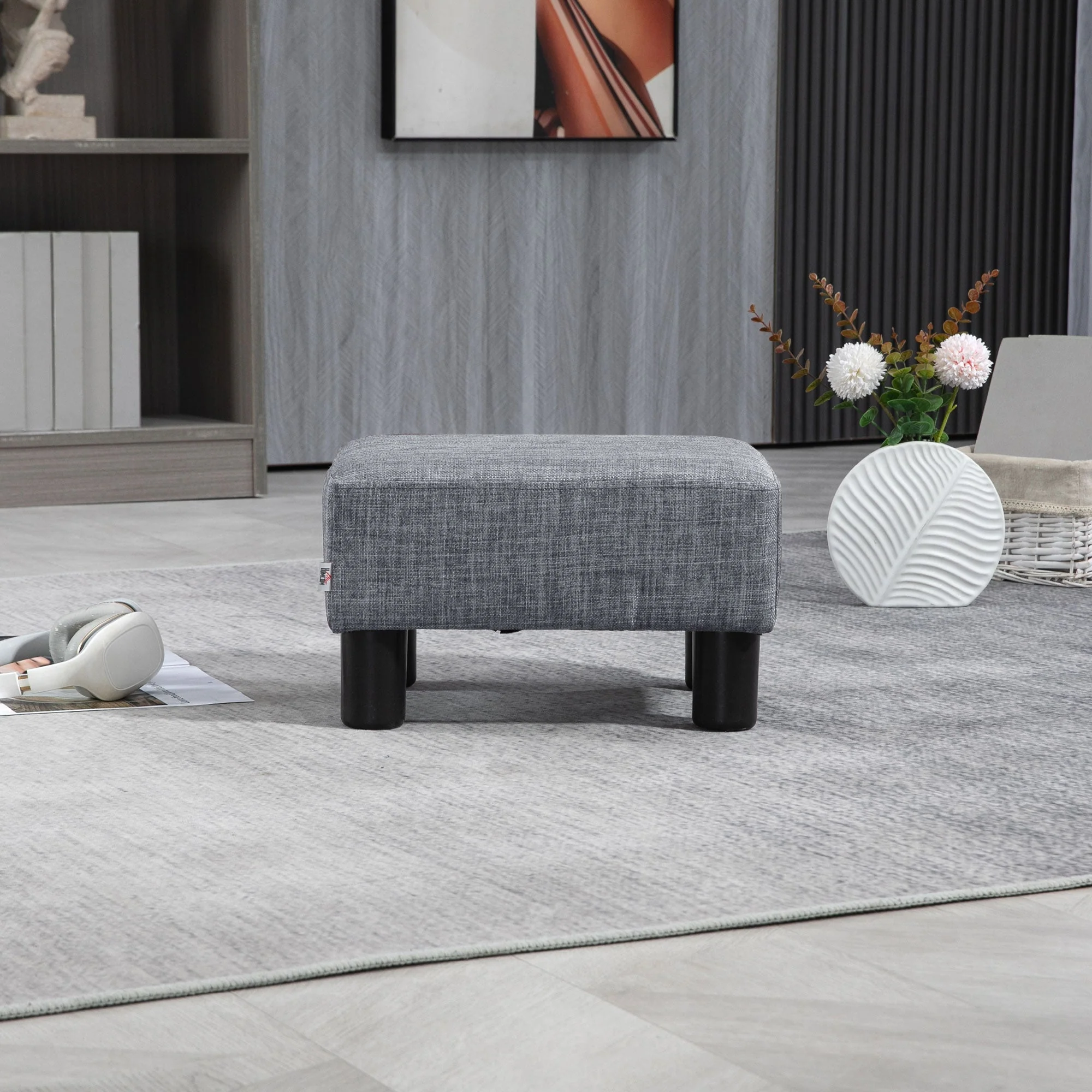 Footstool Rectangular Ottoman Upholstered Linen 150kg Capacity, Grey - Image 8