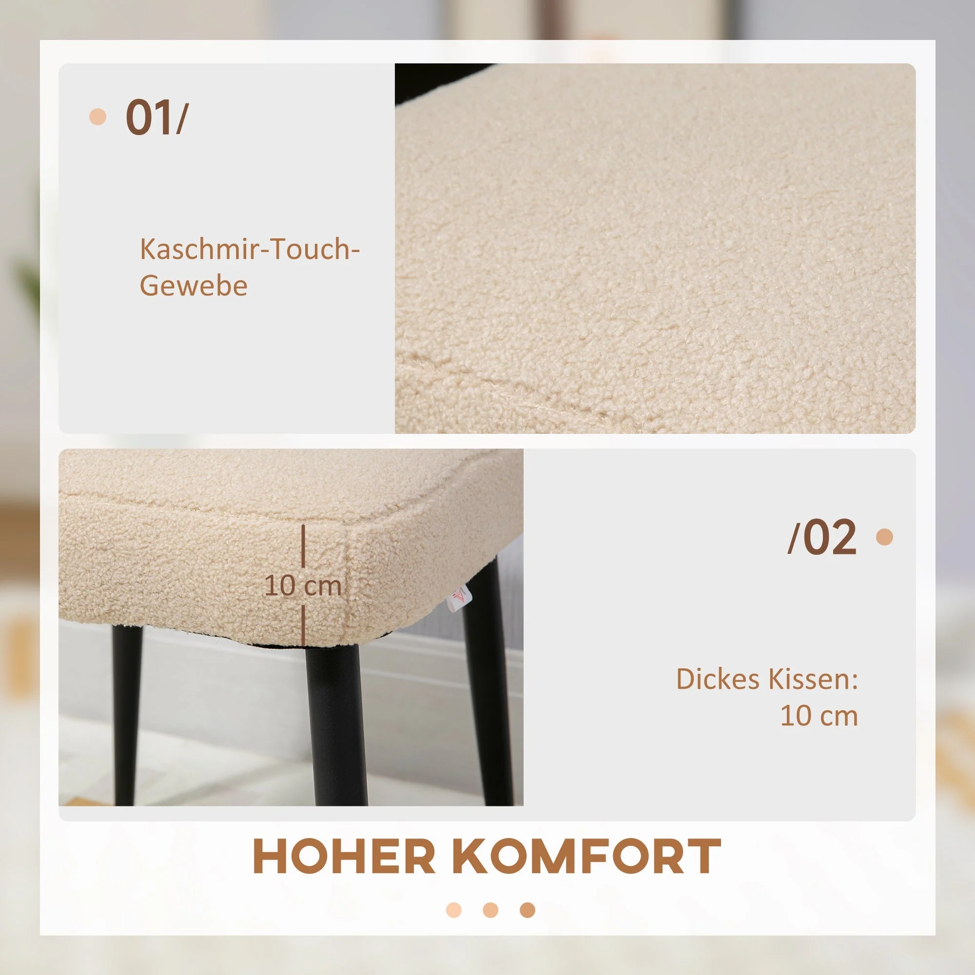 Footstool Square Stool Dressing Stool Steel Legs Cashmere Look Beige - Image 4
