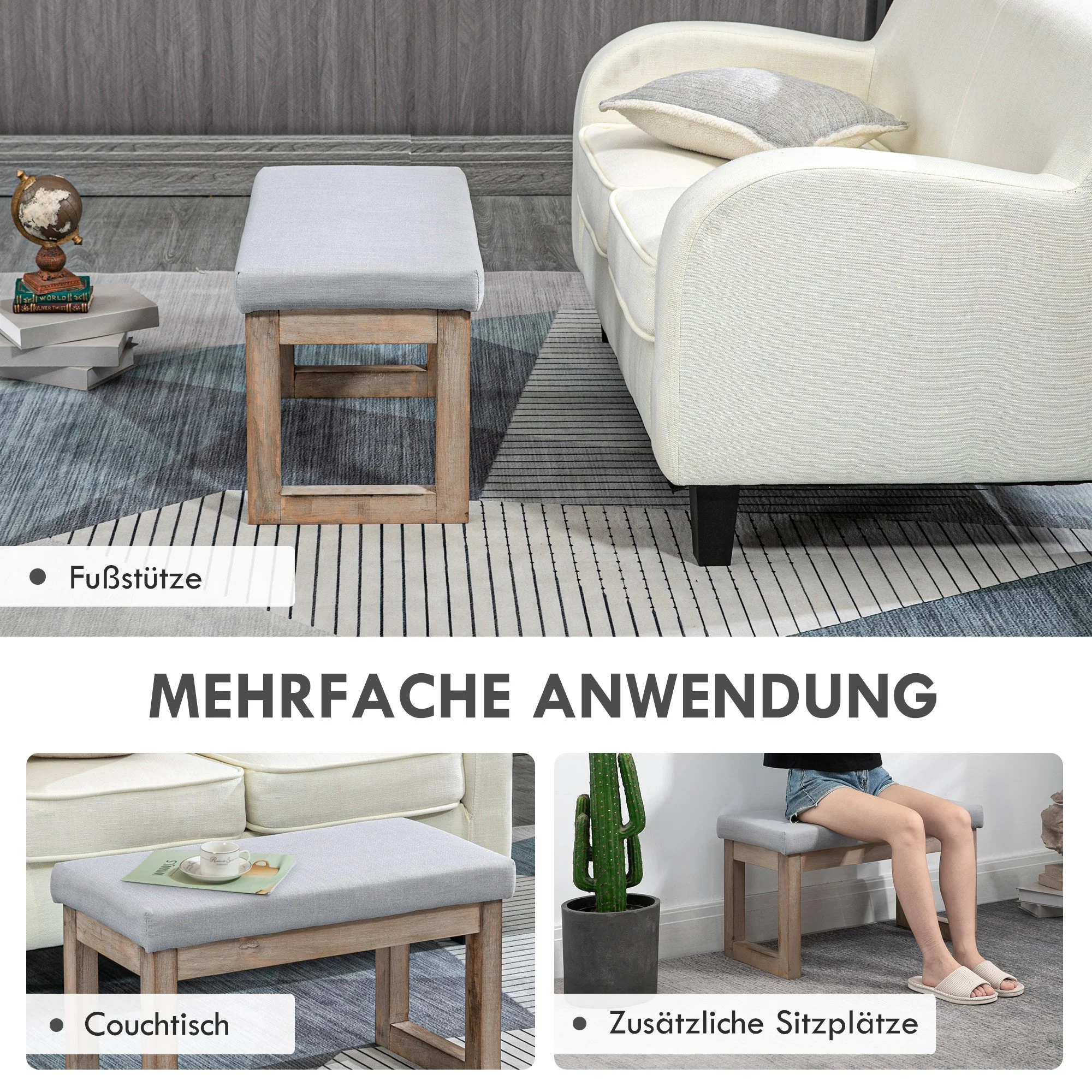 Footstool upholstered with wooden legs, 68x38x42 cm, grey - Image 6