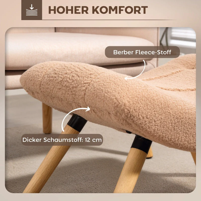 Footstool, Upholstered with Wooden Legs, Fleece, Brown - Image 6