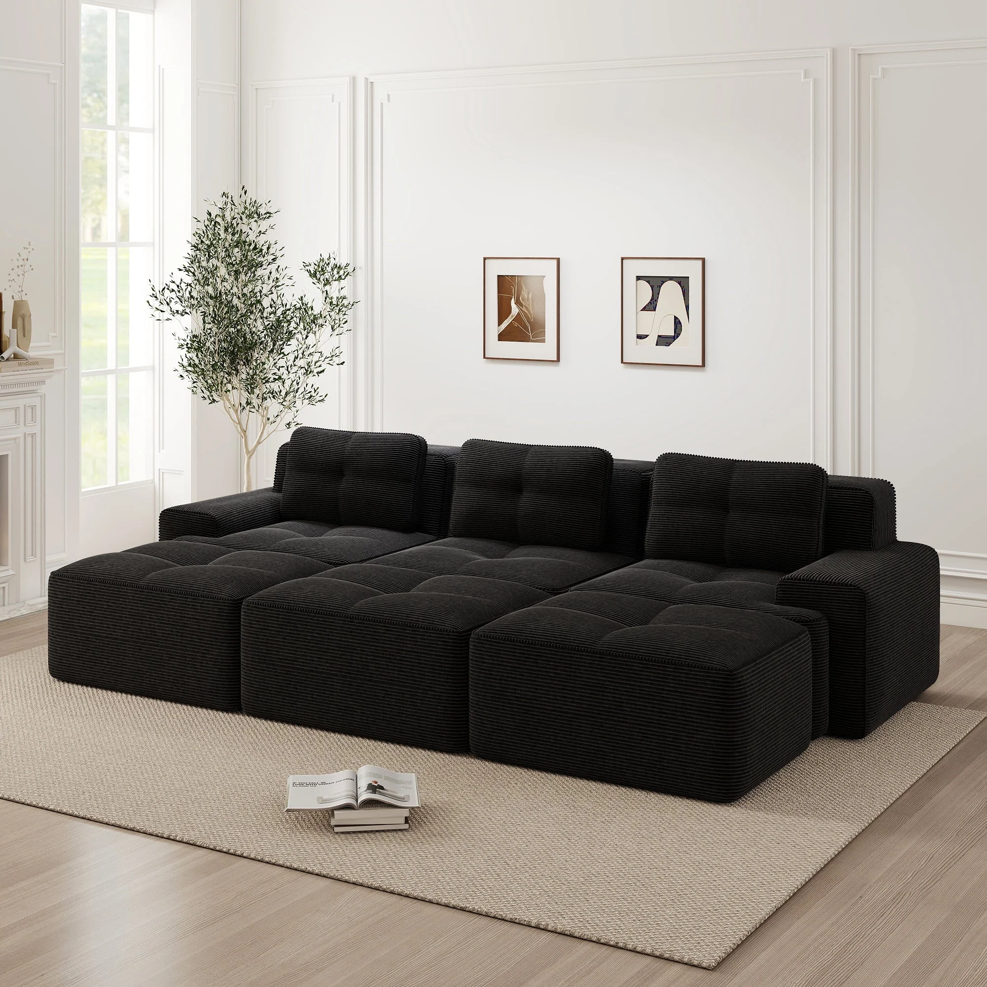 Frameless Modular Corner Sofa Sleeper 3 Ottomans - Corduroy Black