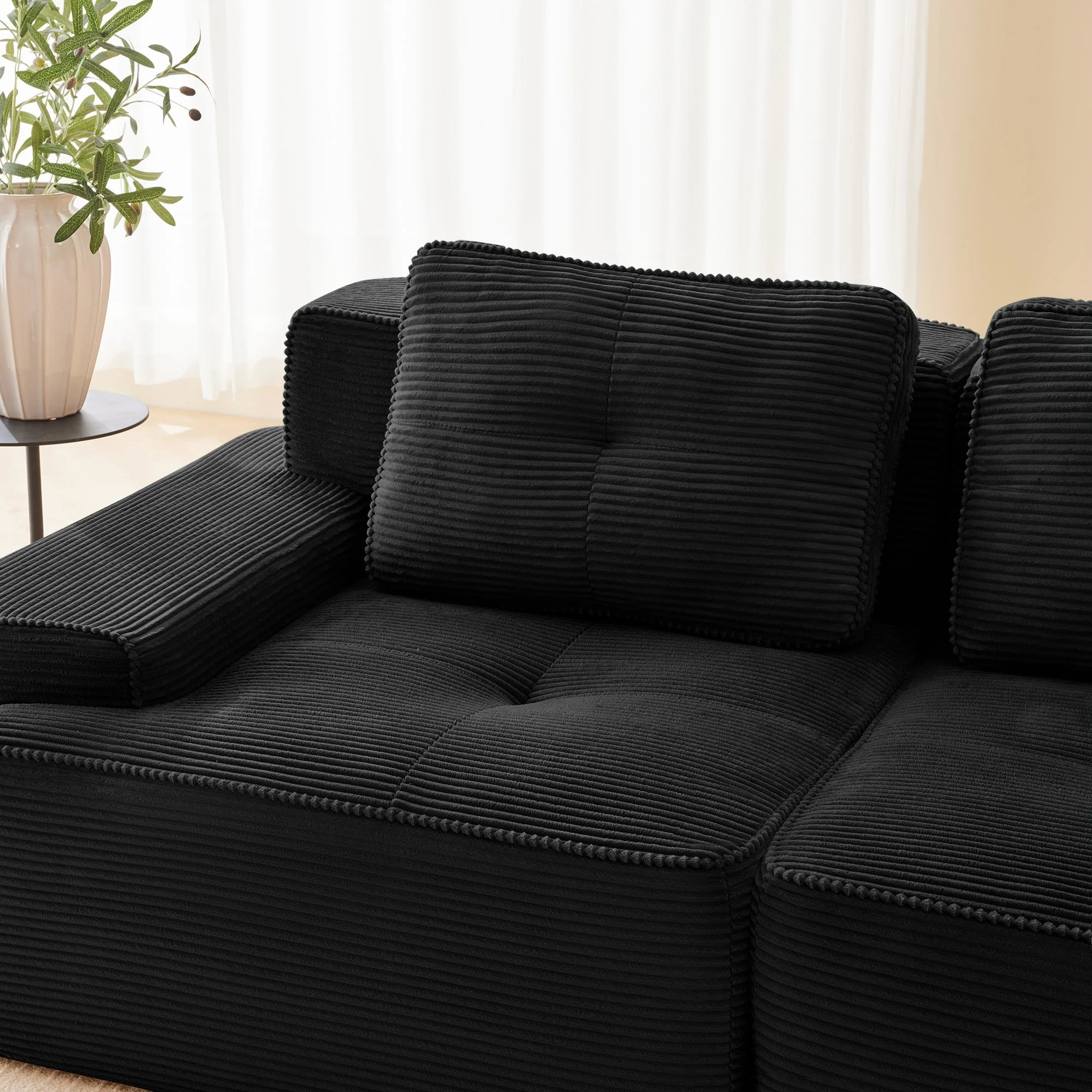 Frameless Modular Corner Sofa Sleeper 3 Ottomans - Corduroy Black - Image 10