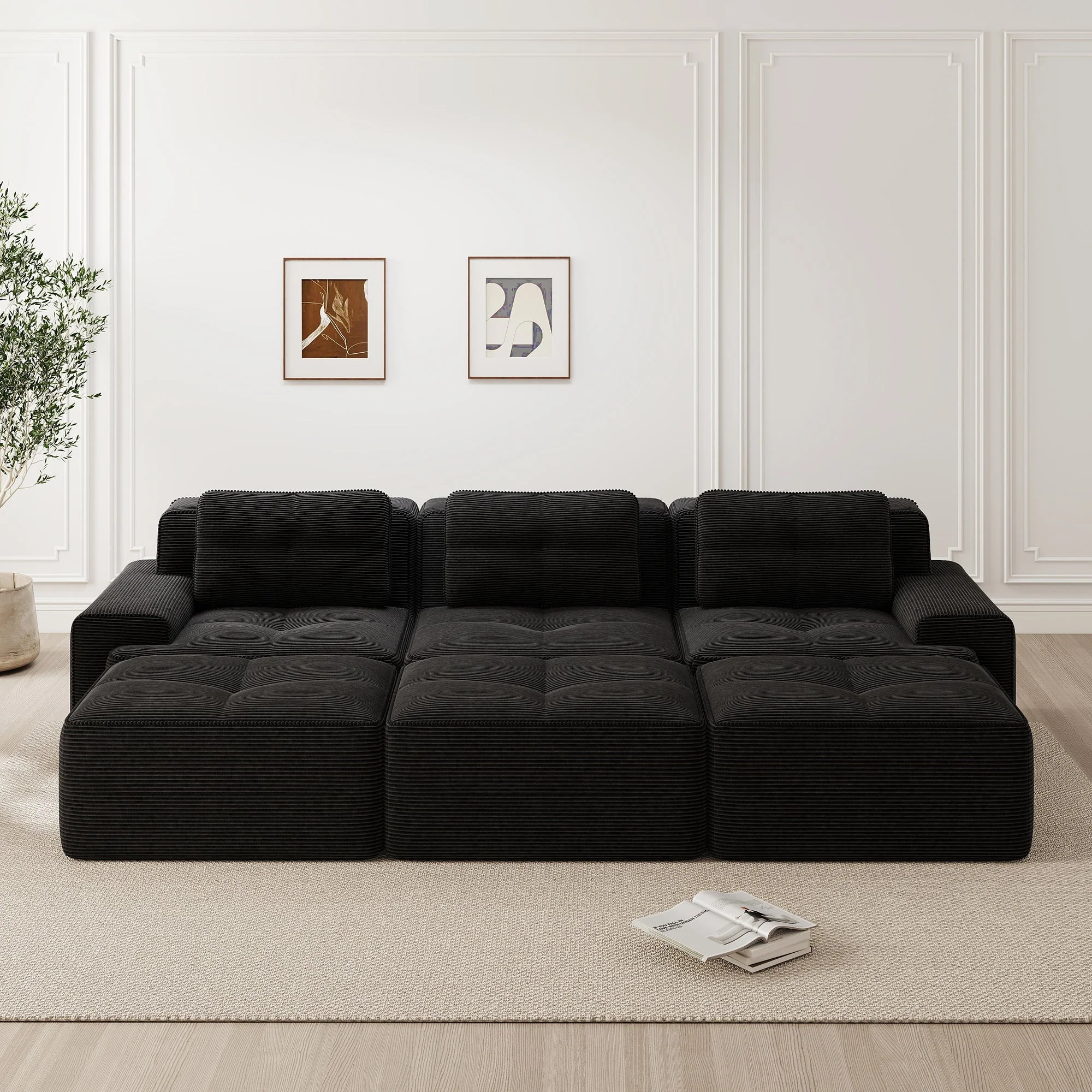 Frameless Modular Corner Sofa Sleeper 3 Ottomans - Corduroy Black - Image 2