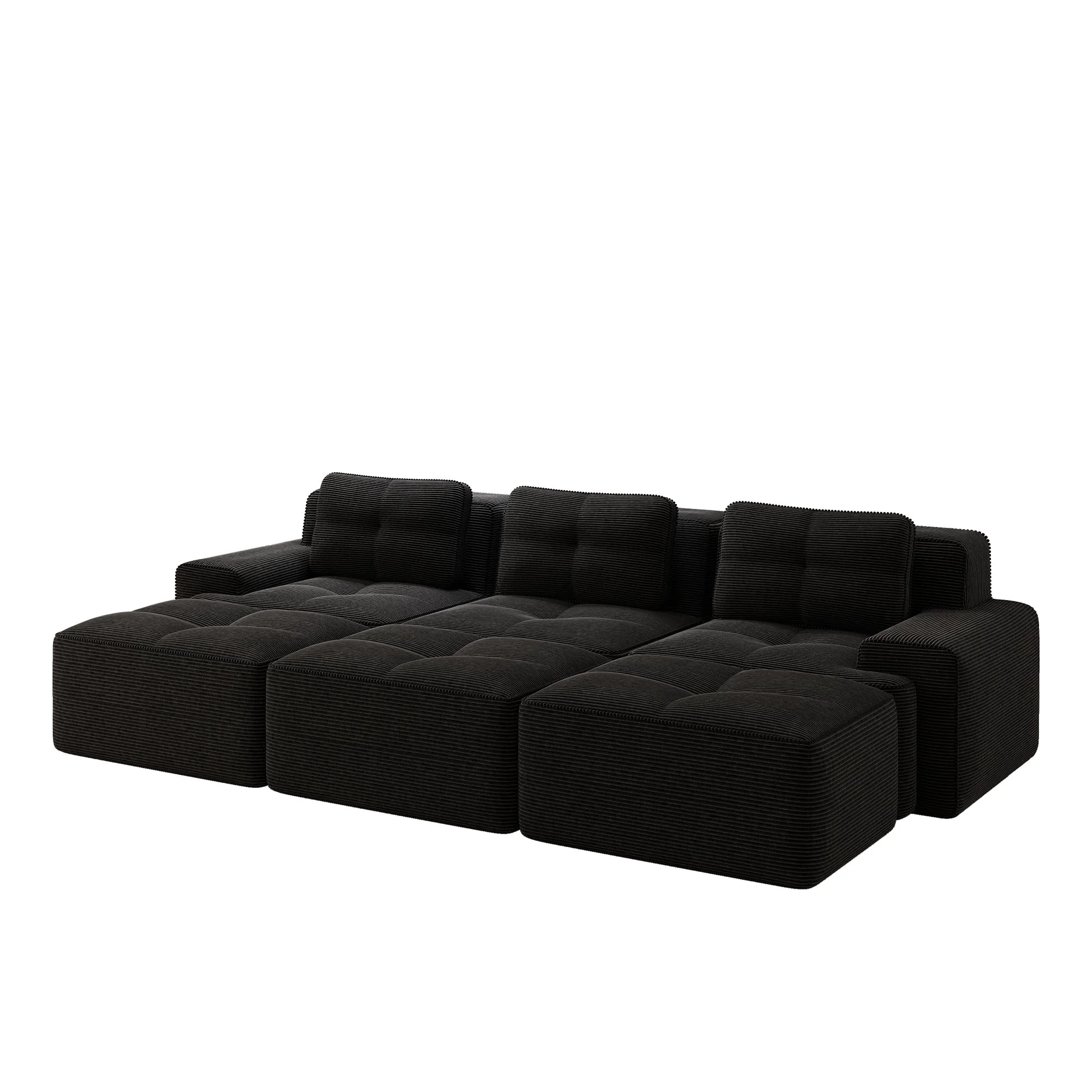 Frameless Modular Corner Sofa Sleeper 3 Ottomans - Corduroy Black - Image 4