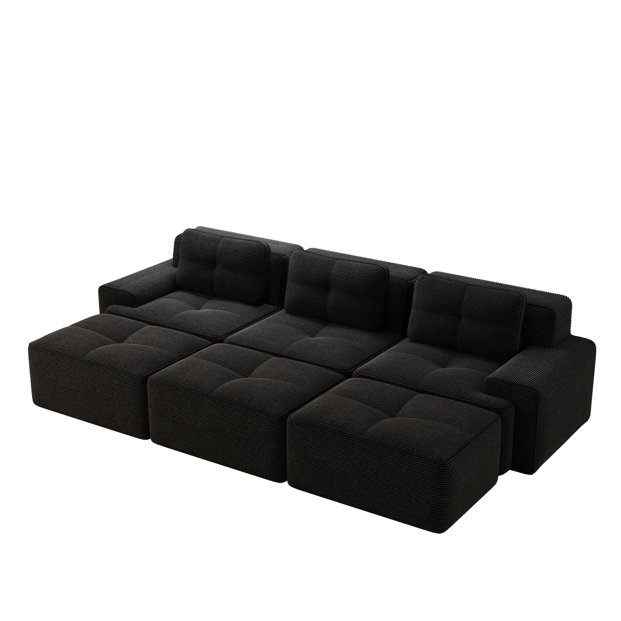 Frameless Modular Corner Sofa Sleeper 3 Ottomans - Corduroy Black - Image 5