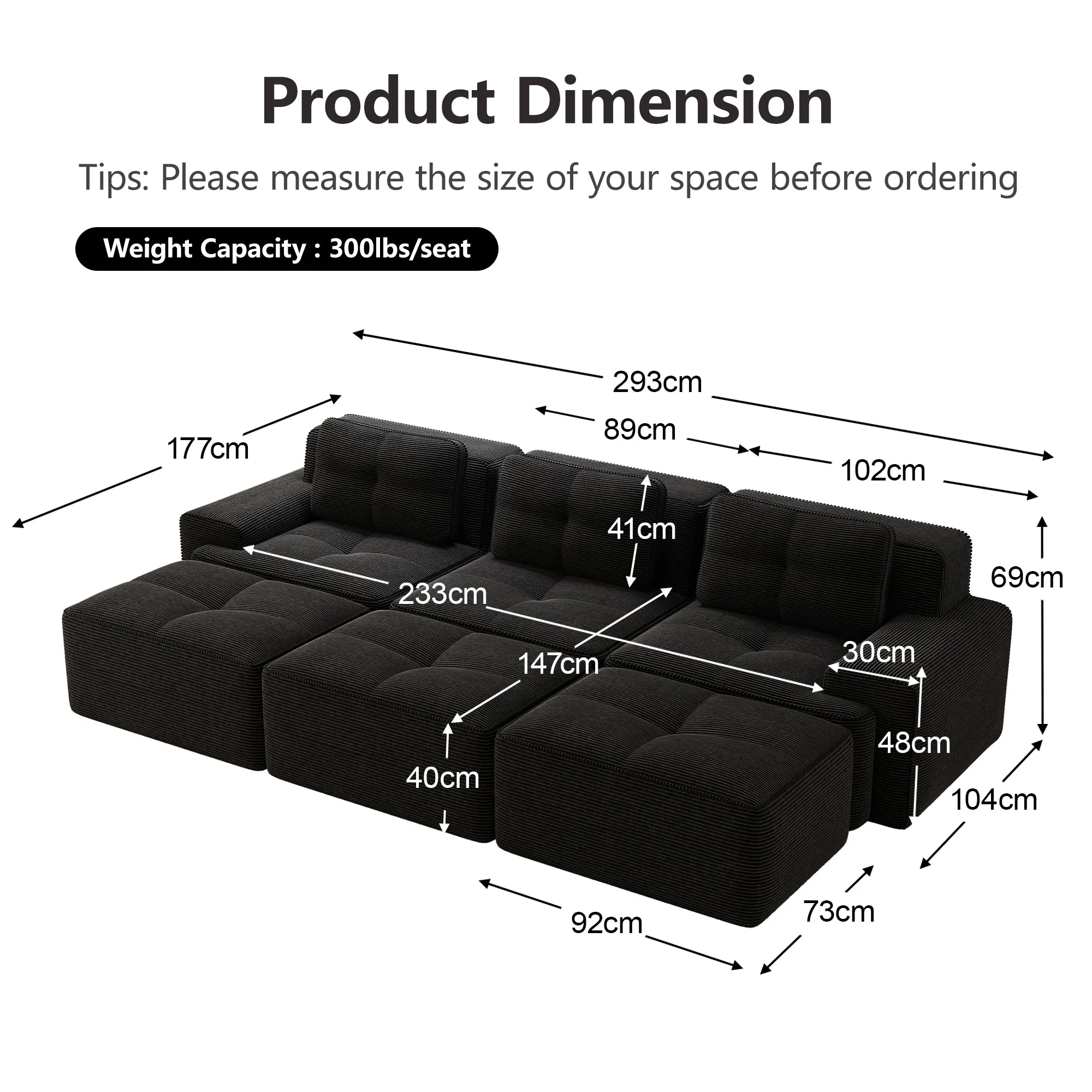 Frameless Modular Corner Sofa Sleeper 3 Ottomans - Corduroy Black - Image 7