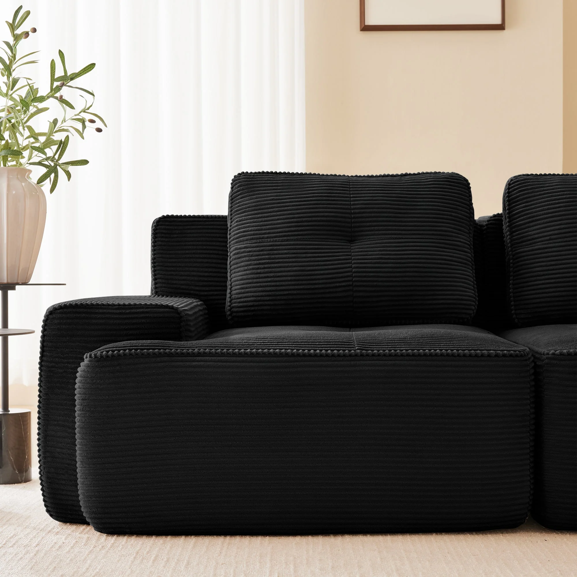 Frameless Modular Corner Sofa Sleeper 3 Ottomans - Corduroy Black - Image 9