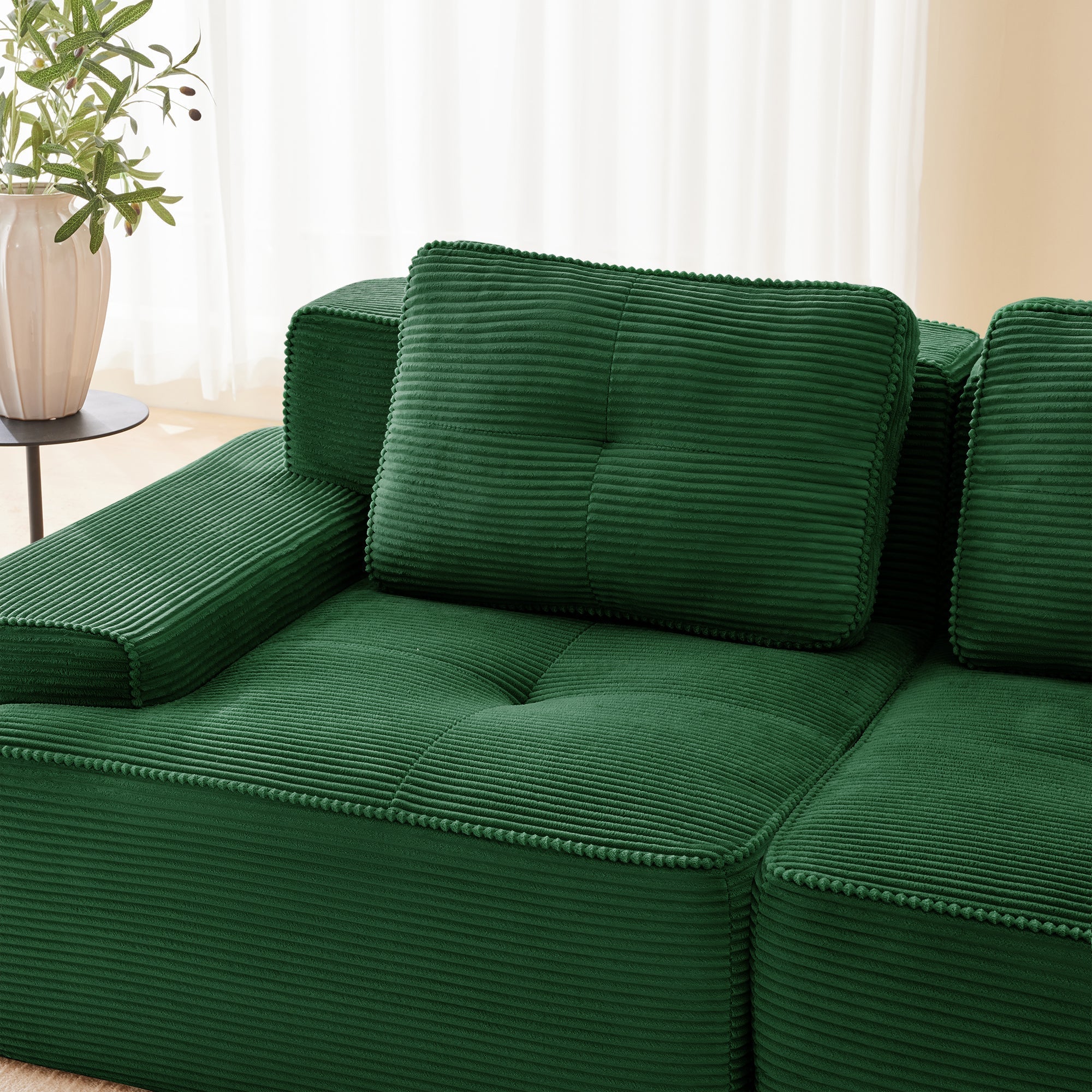 Frameless Modular Corner Sofa Sleeper with 3 Ottomans - Green Corduroy - Image 10
