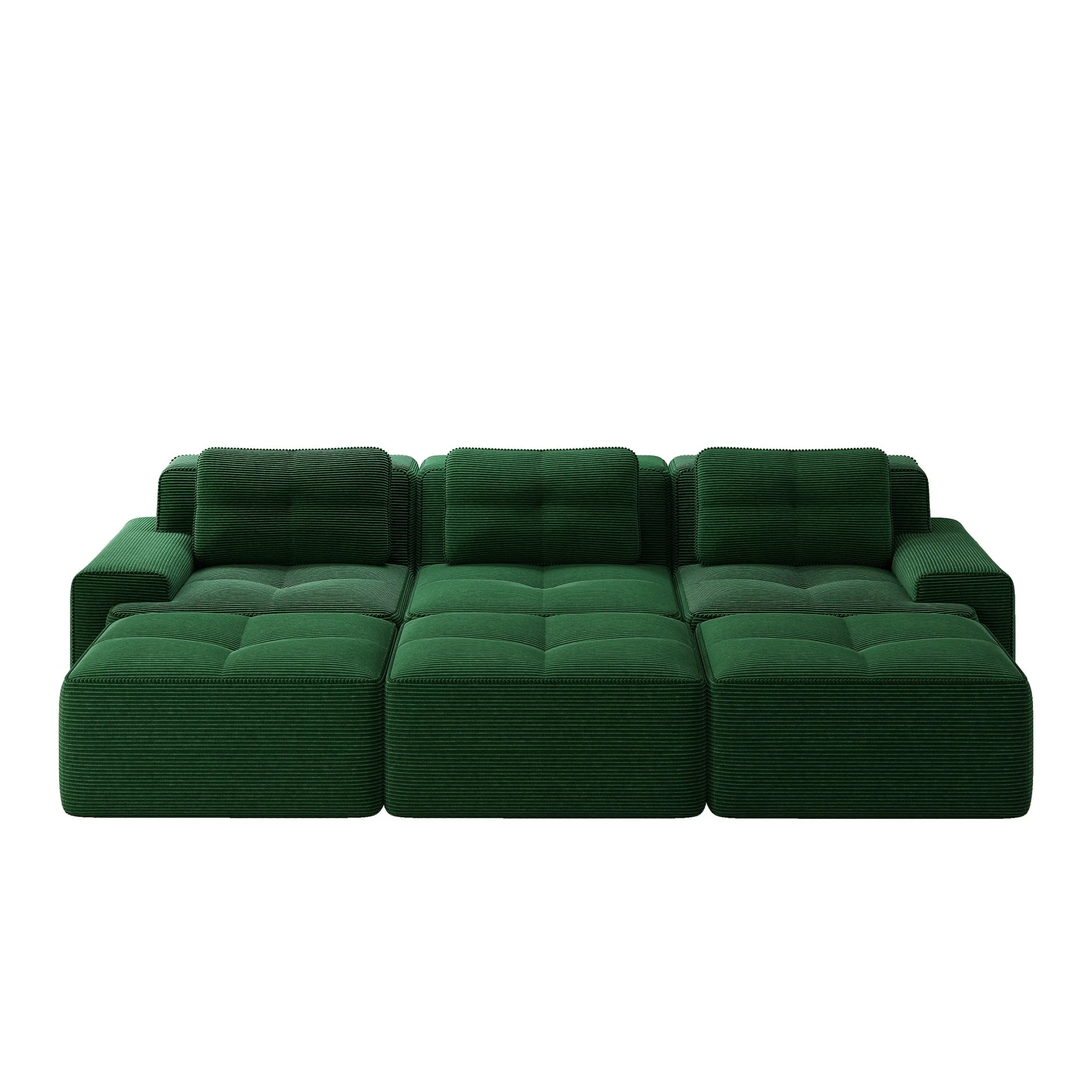 Frameless Modular Corner Sofa Sleeper with 3 Ottomans - Green Corduroy - Image 6