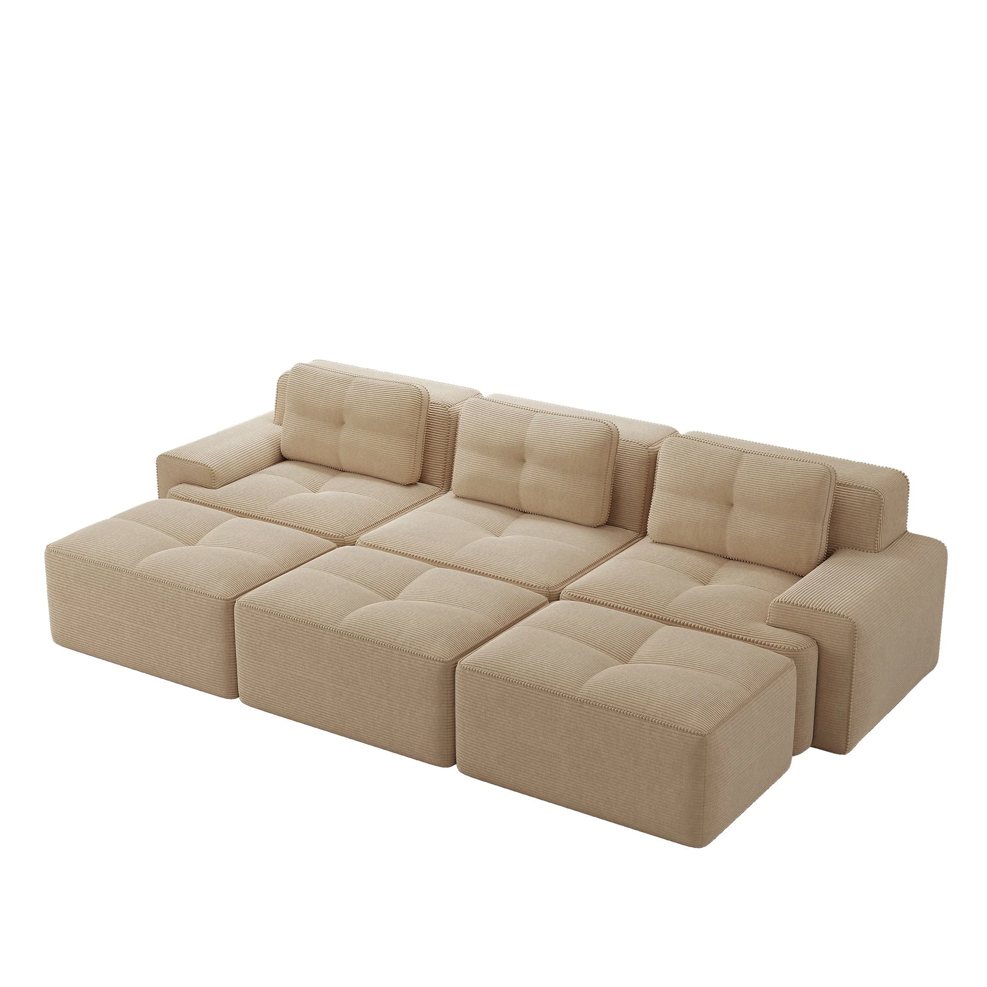 Frameless Modular Corner Sofa Sleeping Function 3 Ottomans - Corduroy Beige - Image 4