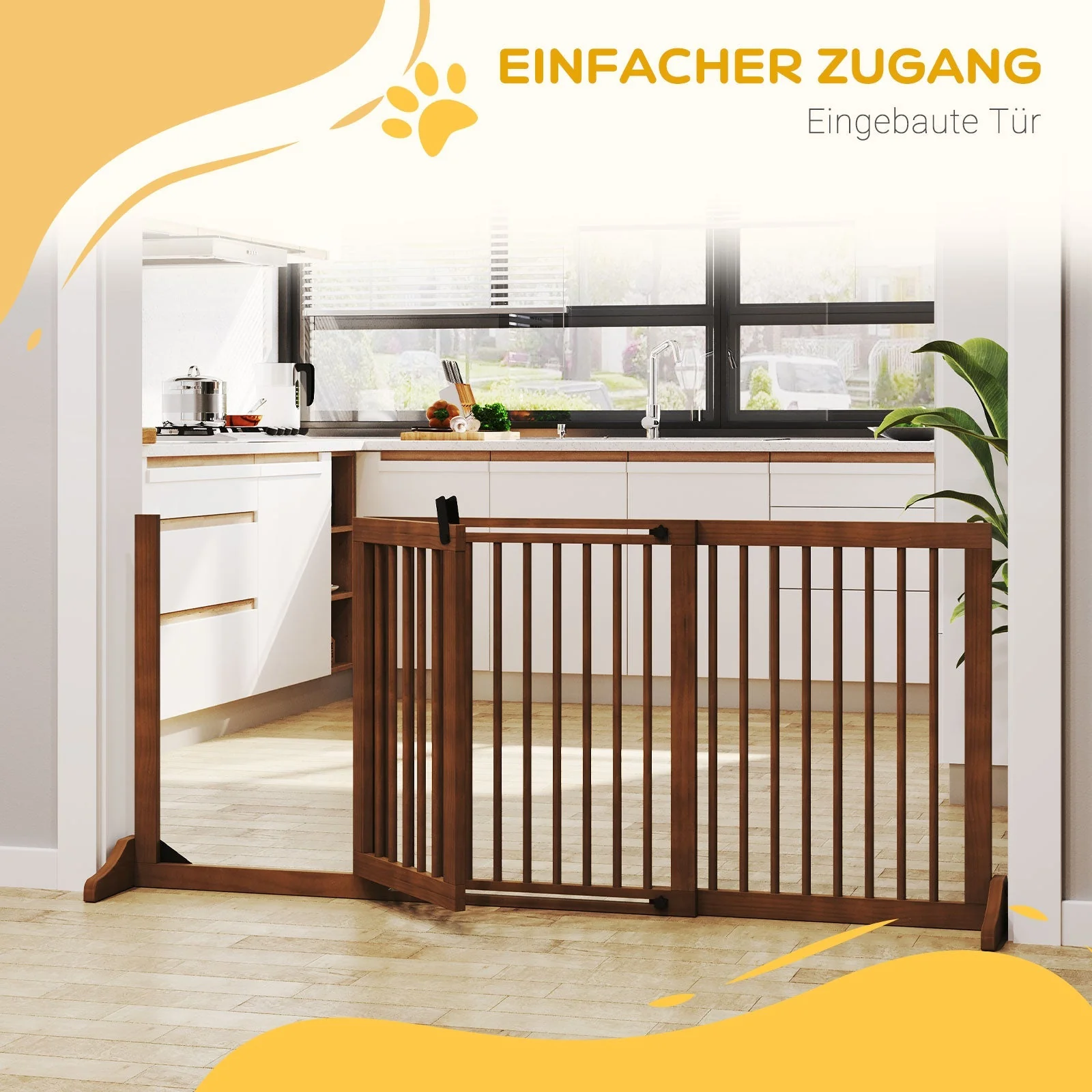 Freestanding Dog Gate with Door, Safety, Wooden, Brown - Image 6