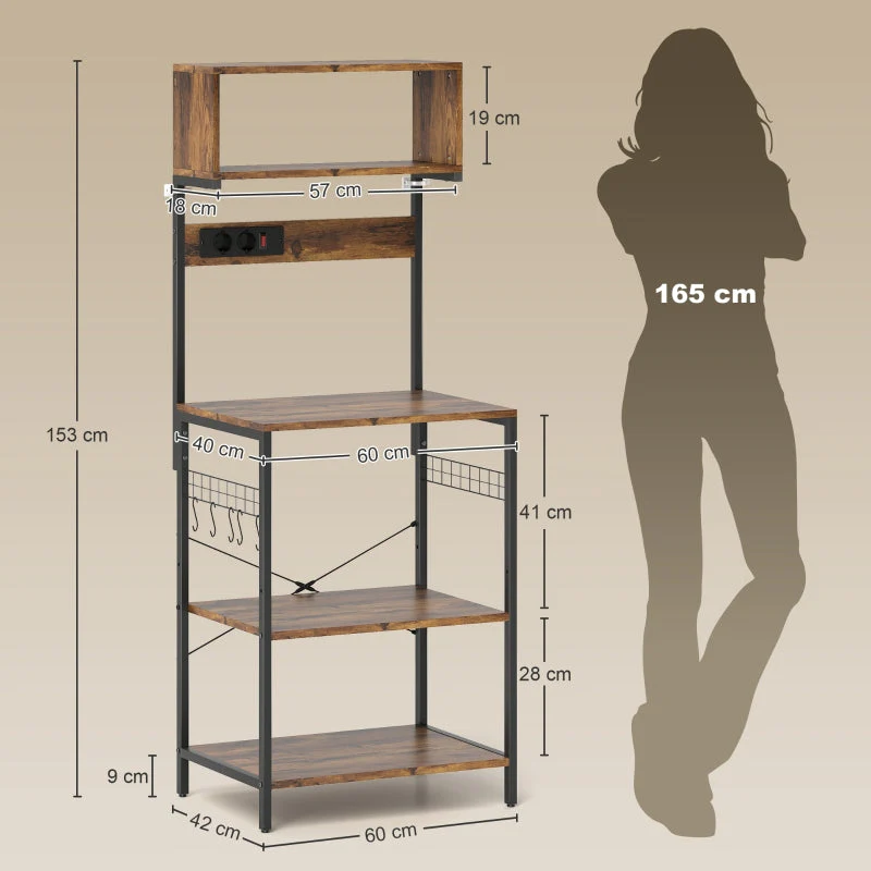 Freestanding Kitchen Shelf 5 Shelves 5 Hooks Power Outlet - Rustic Brown - Image 3