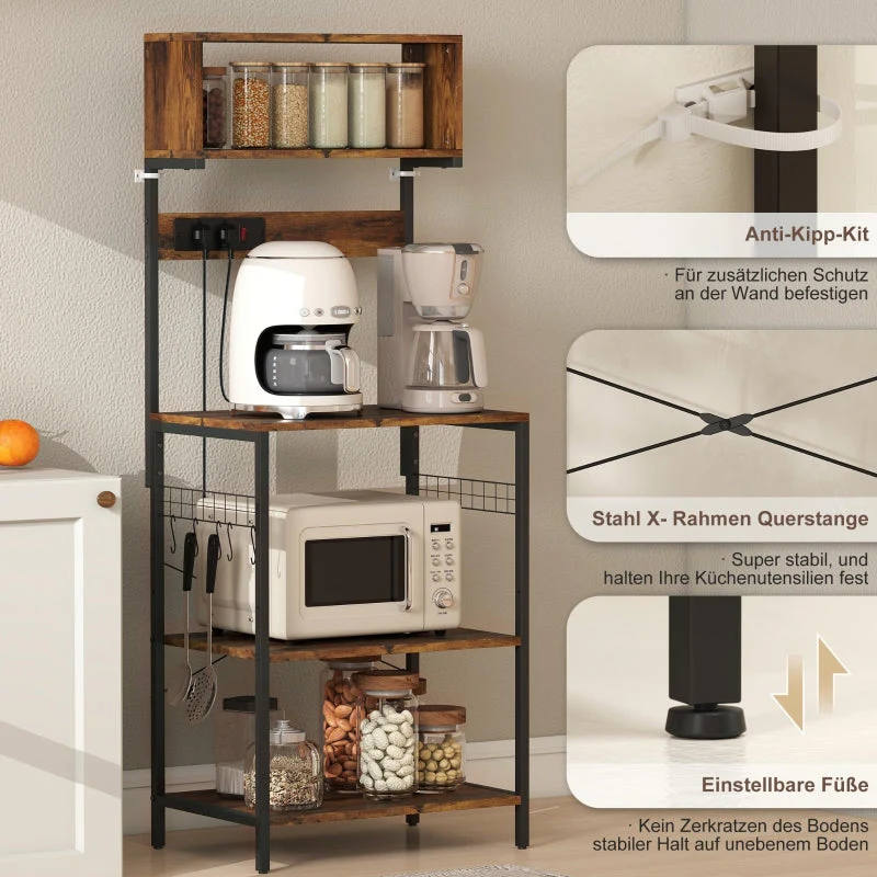 Freestanding Kitchen Shelf 5 Shelves 5 Hooks Power Outlet - Rustic Brown - Image 7