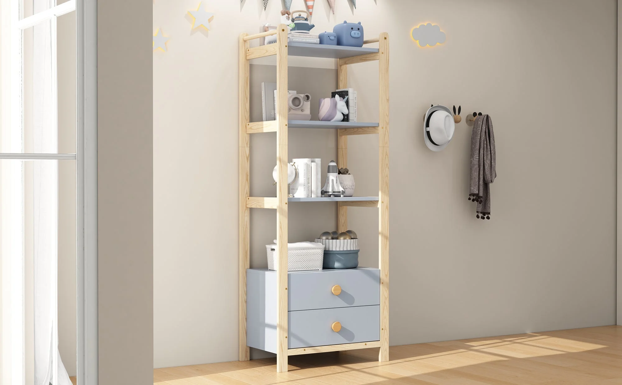Freestanding Shelf Unit, 2 Drawers 4 Shelves 70x44x180cm, Blue and Natural Wood Pine Frame - Image 7
