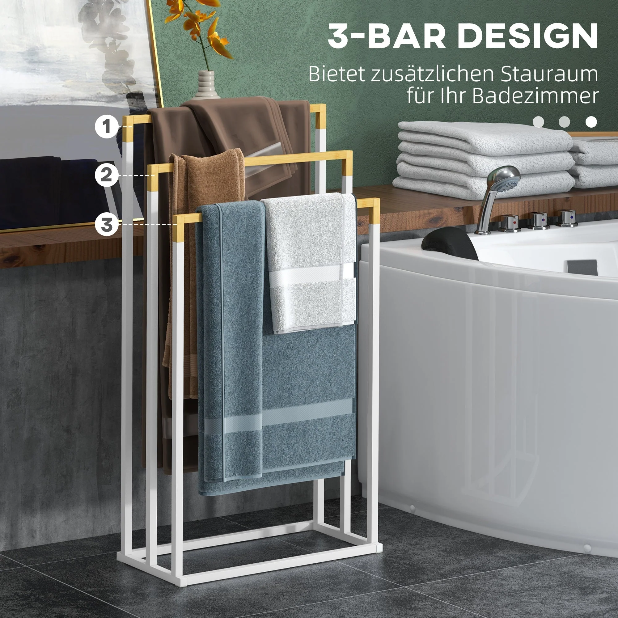 Freestanding Towel Rack, 3 Bars Bathroom Towel Holder, Steel and Bamboo, White - Image 4