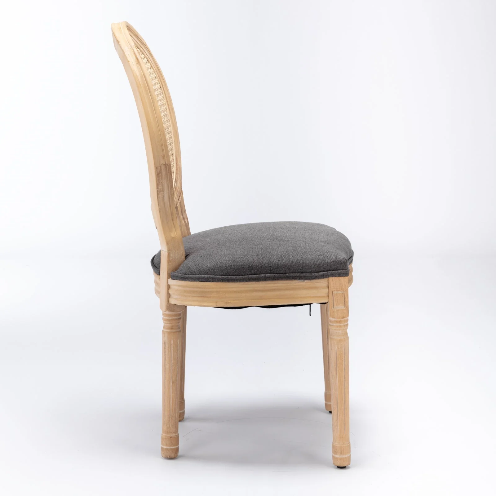 French Style Dining Chair Set of 2 Rattan Back Solid Wood - Gray Linen - Image 4