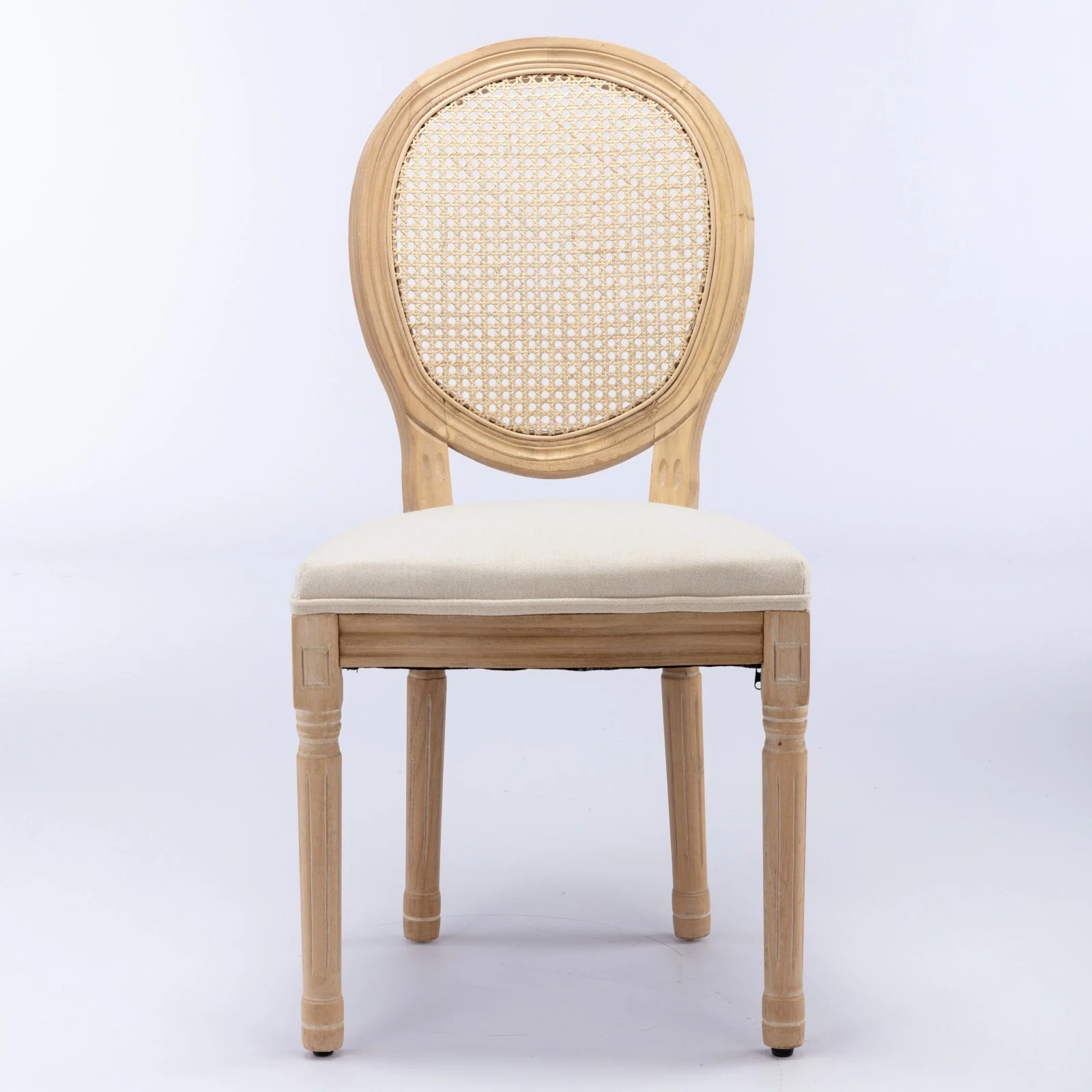French Style Dining Chair Solid Wood Rattan Back Linen Set of 2 - Cream Beige - Image 2