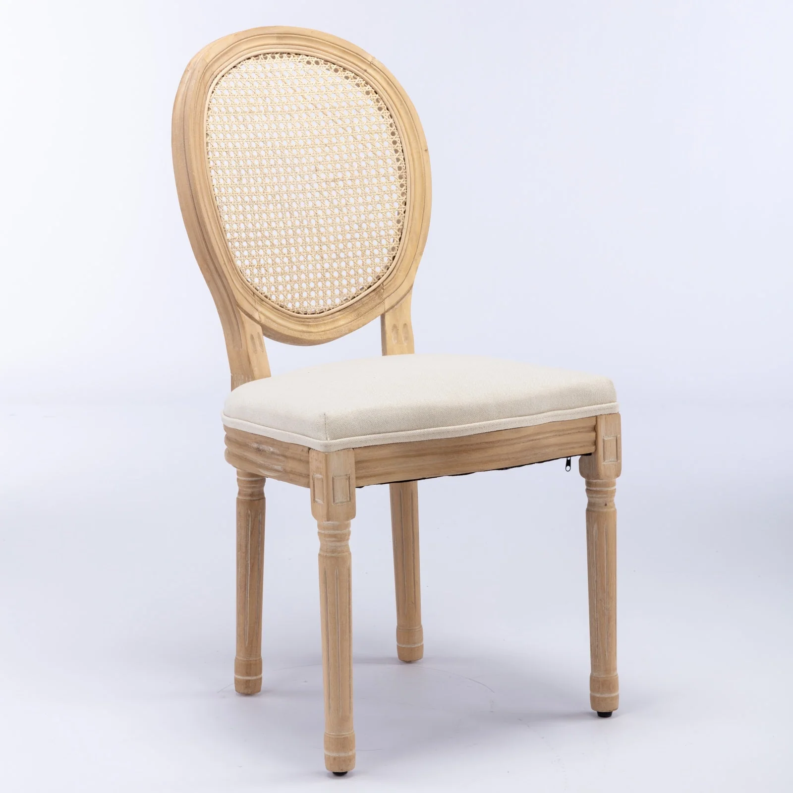French Style Dining Chair Solid Wood Rattan Back Linen Set of 2 - Cream Beige - Image 3