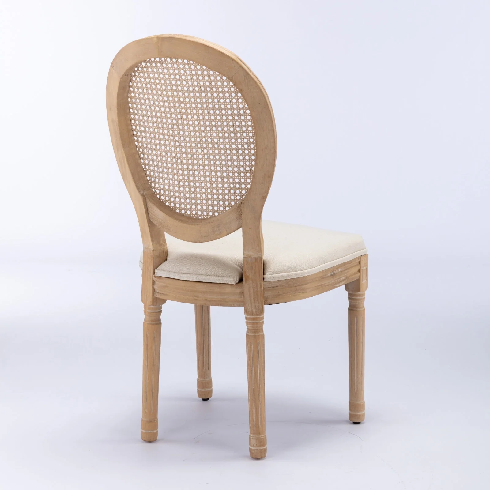 French Style Dining Chair Solid Wood Rattan Back Linen Set of 2 - Cream Beige - Image 5
