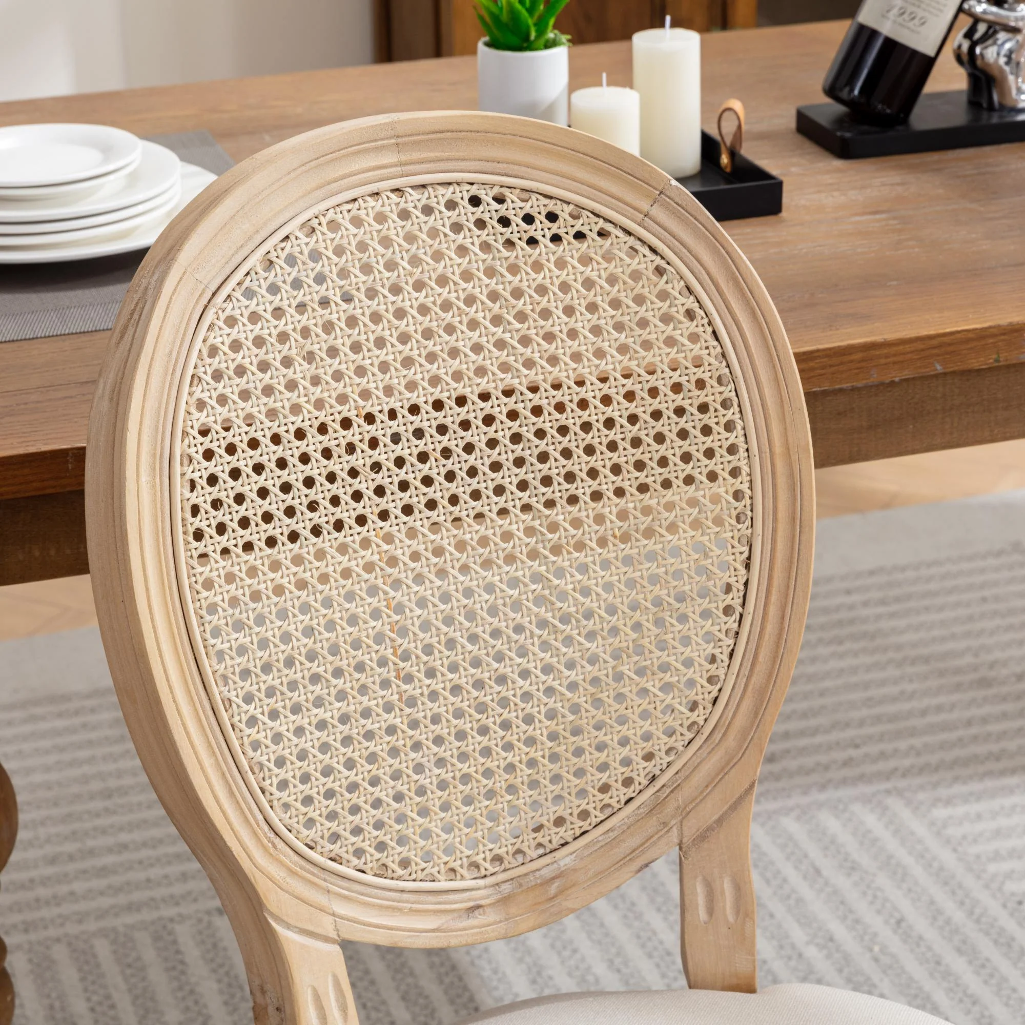 French Style Dining Chair Solid Wood Rattan Back Linen Set of 2 - Cream Beige - Image 8