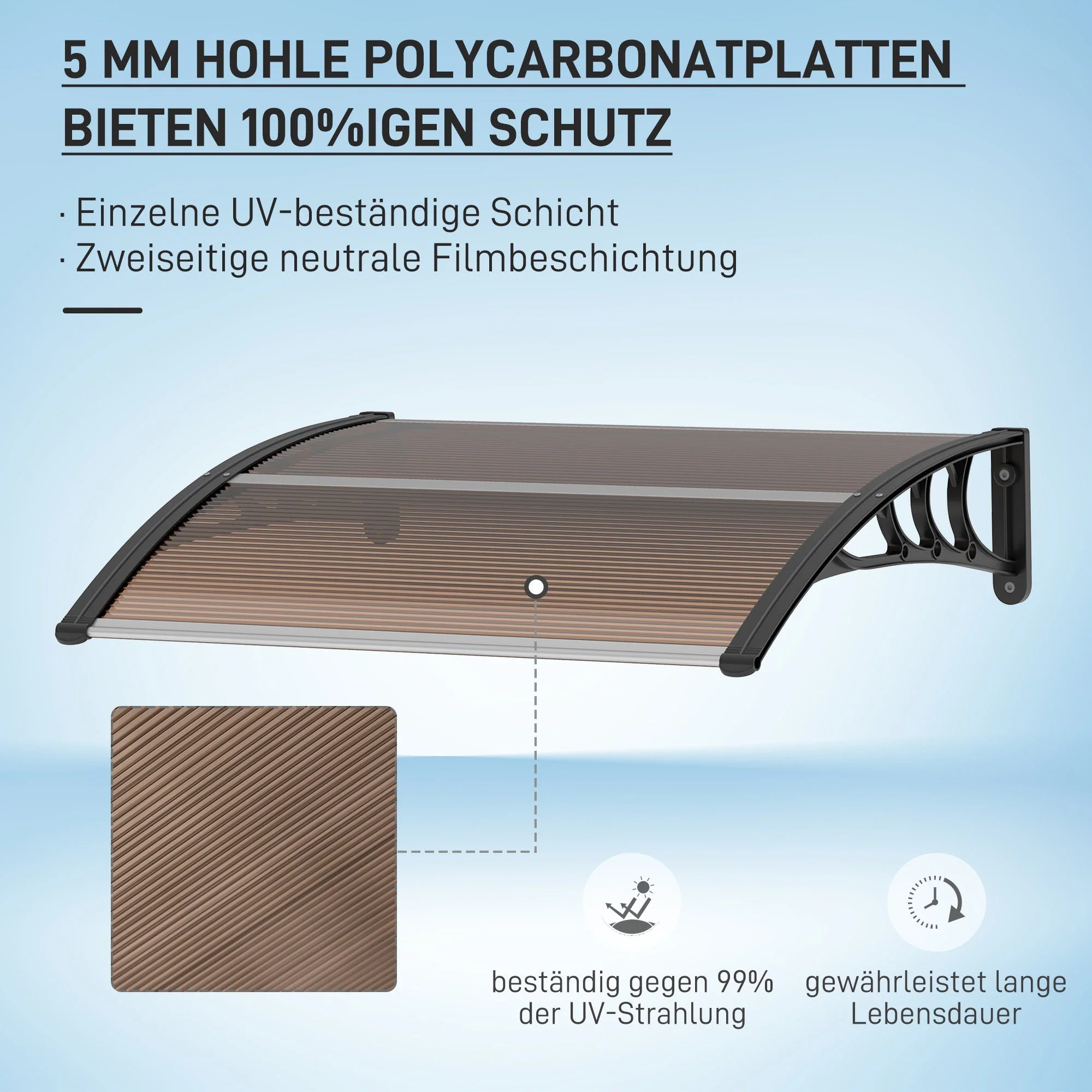Front Door Canopy Lean-to Polycarbonate Weatherproof 75x100cm, Brown - Image 4