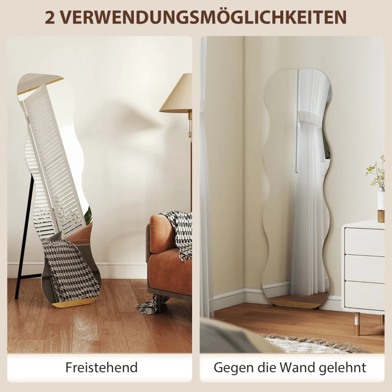 Full-Length Frameless Wave Mirror with Wooden Base, Black - Image 5