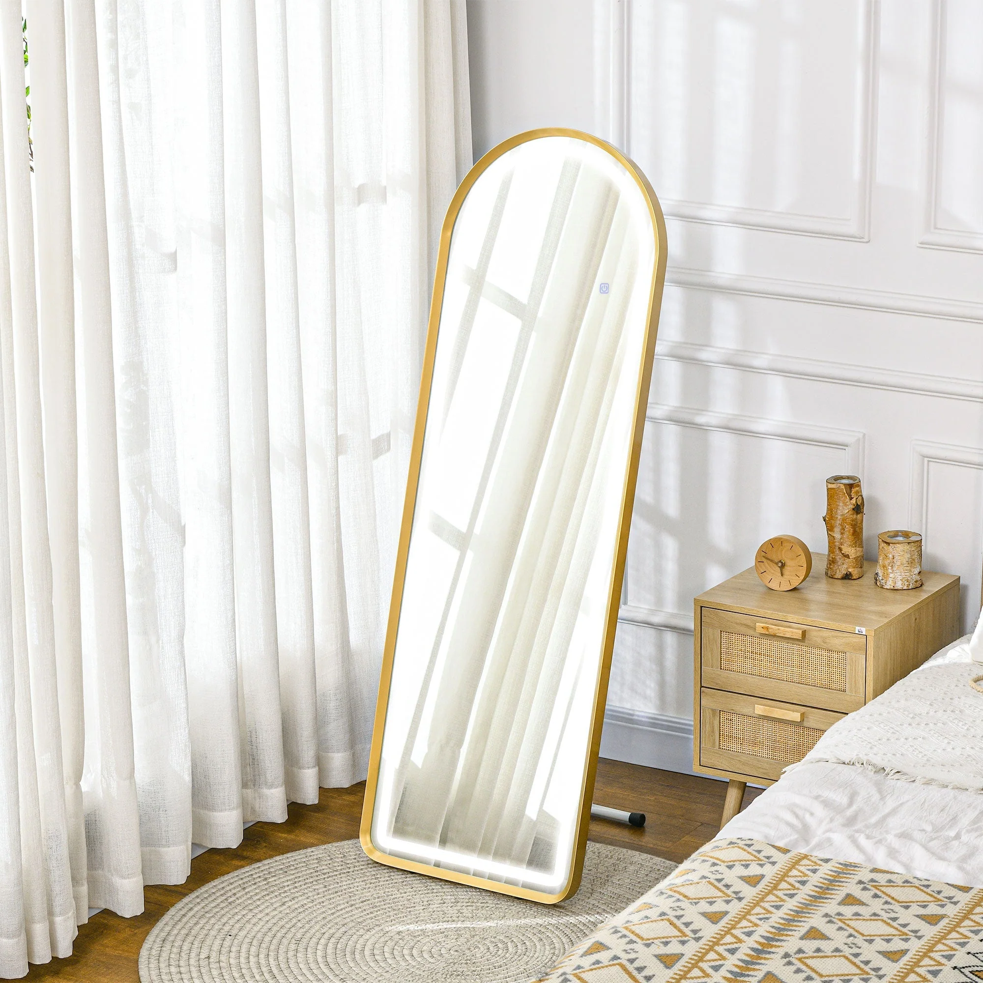 Full-Length Mirror, Dimmable LED, Wall & Standing, Touch Switch, Gold - Image 2