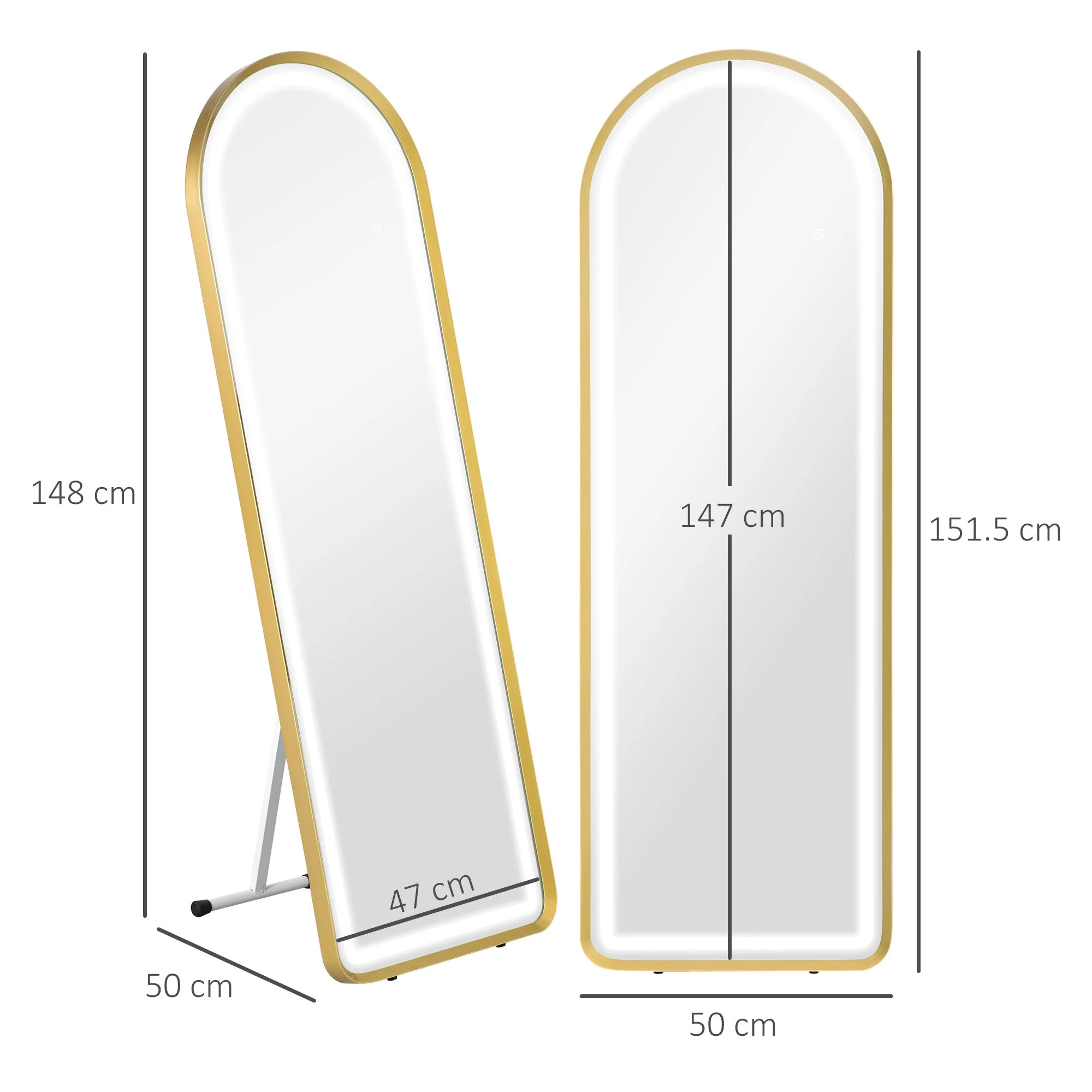 Full-Length Mirror, Dimmable LED, Wall & Standing, Touch Switch, Gold - Image 3