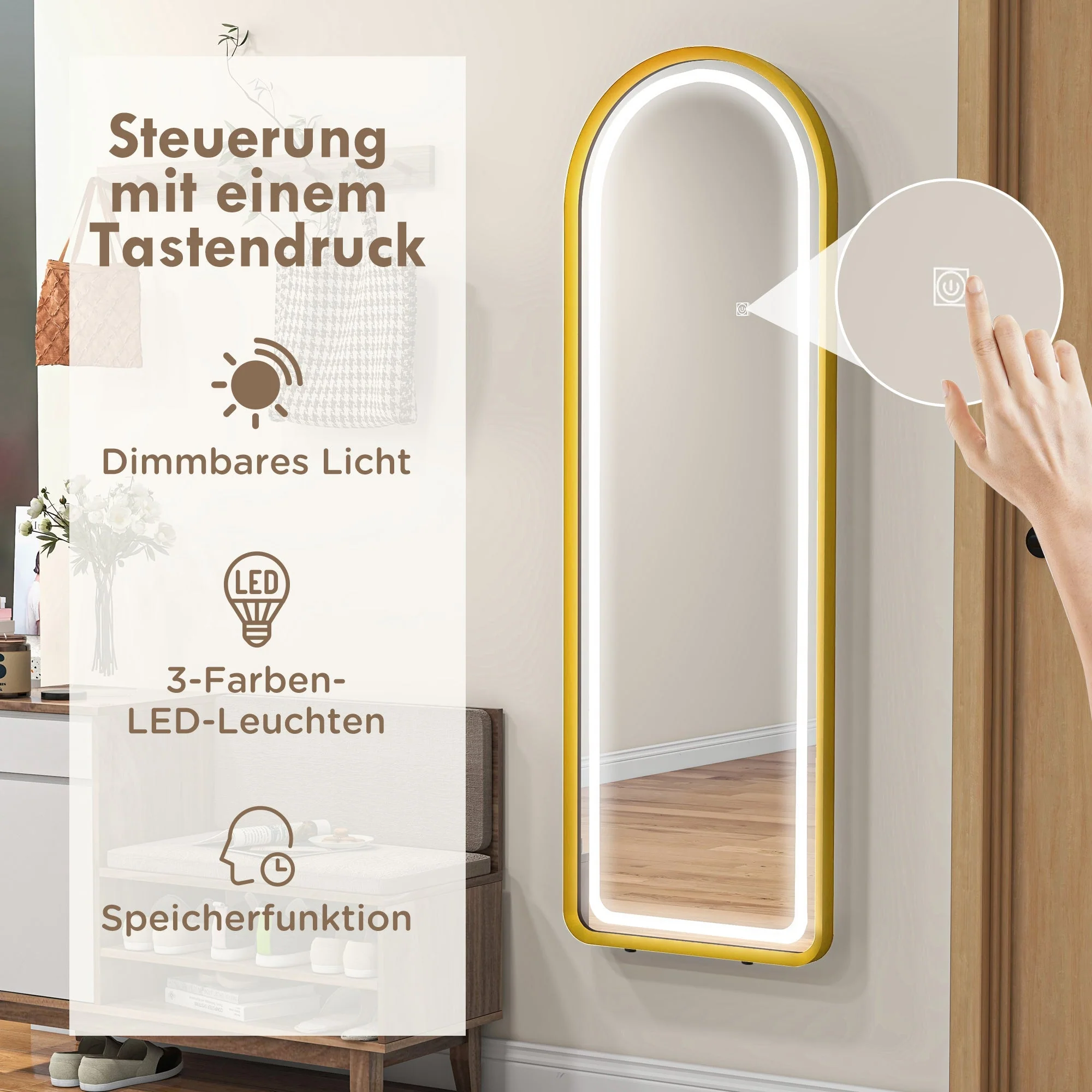 Full-Length Mirror, Dimmable LED, Wall & Standing, Touch Switch, Gold - Image 4