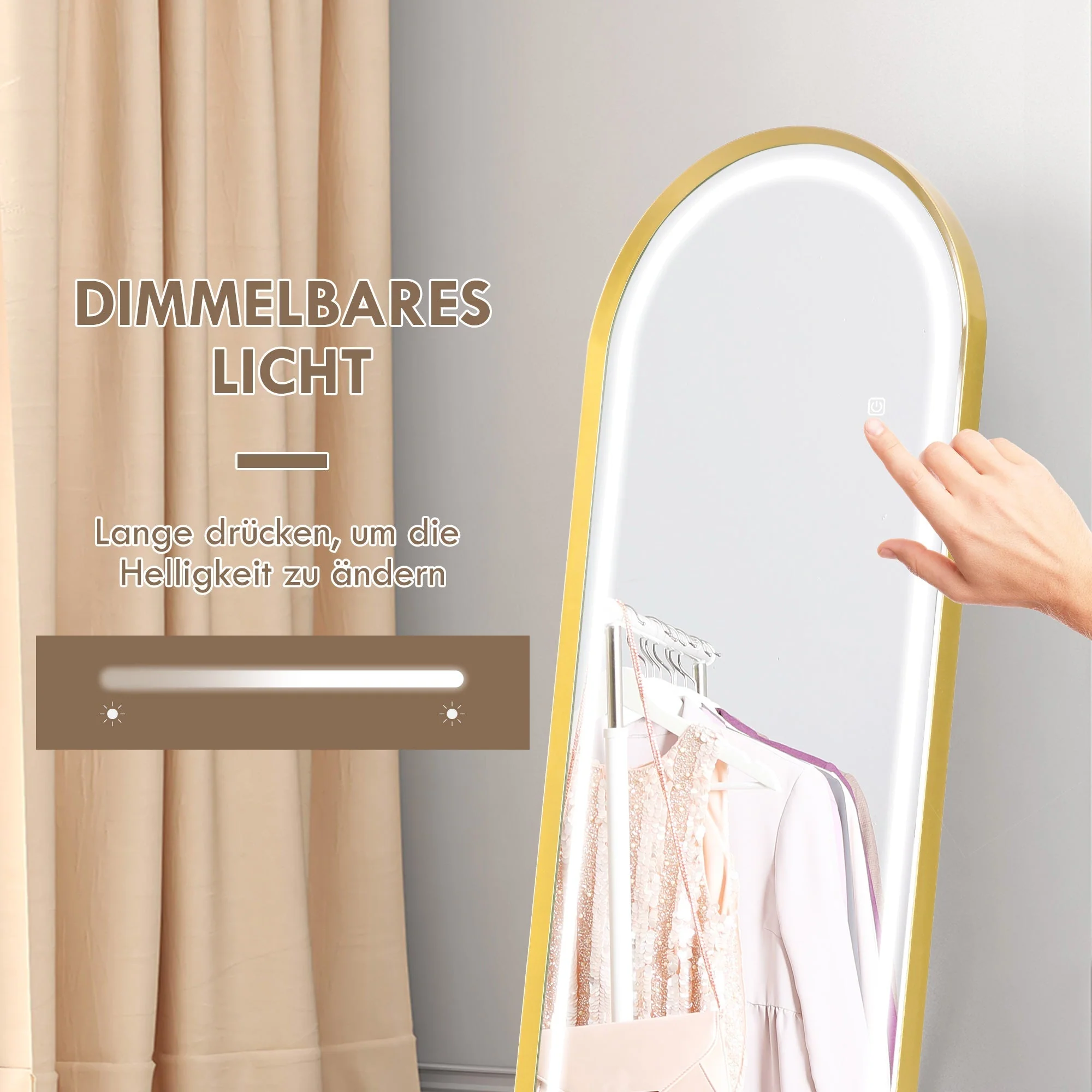 Full-Length Mirror, Dimmable LED, Wall & Standing, Touch Switch, Gold - Image 5