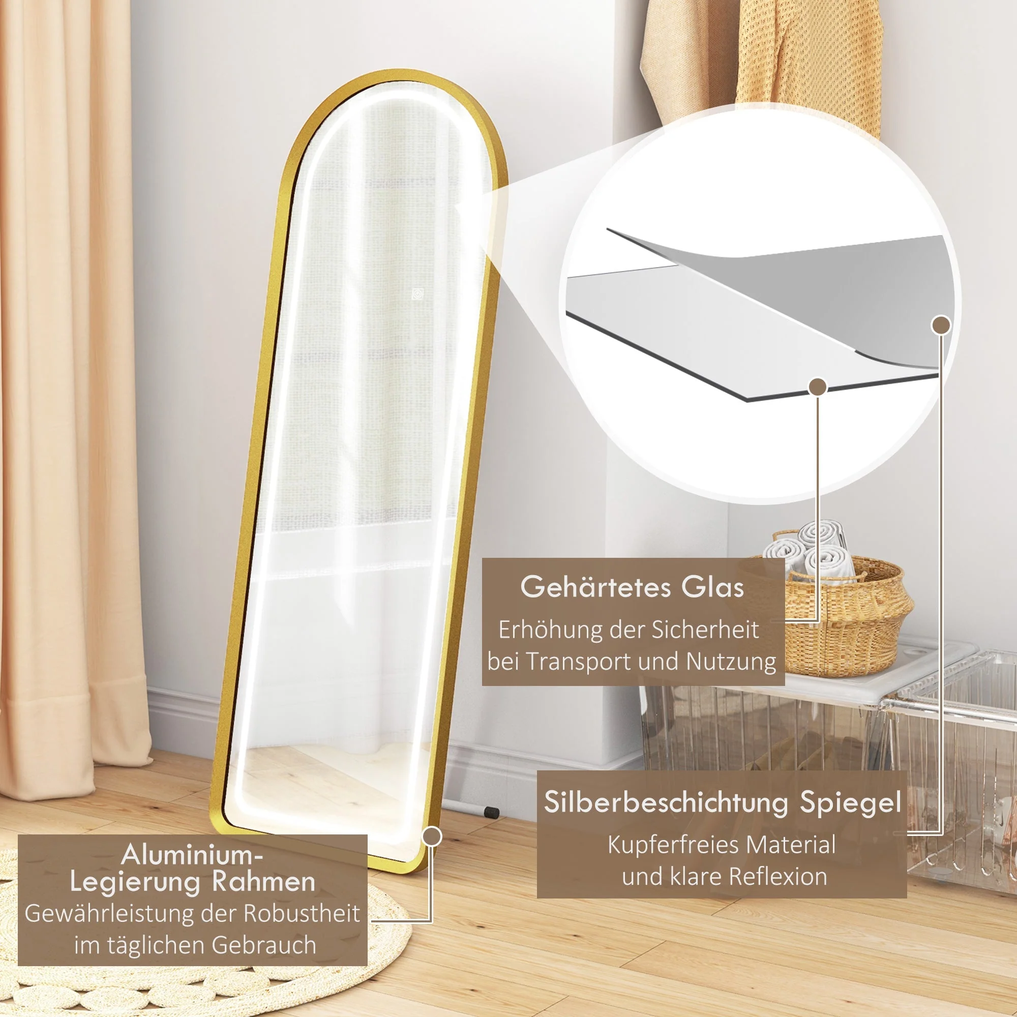 Full-Length Mirror, Dimmable LED, Wall & Standing, Touch Switch, Gold - Image 7