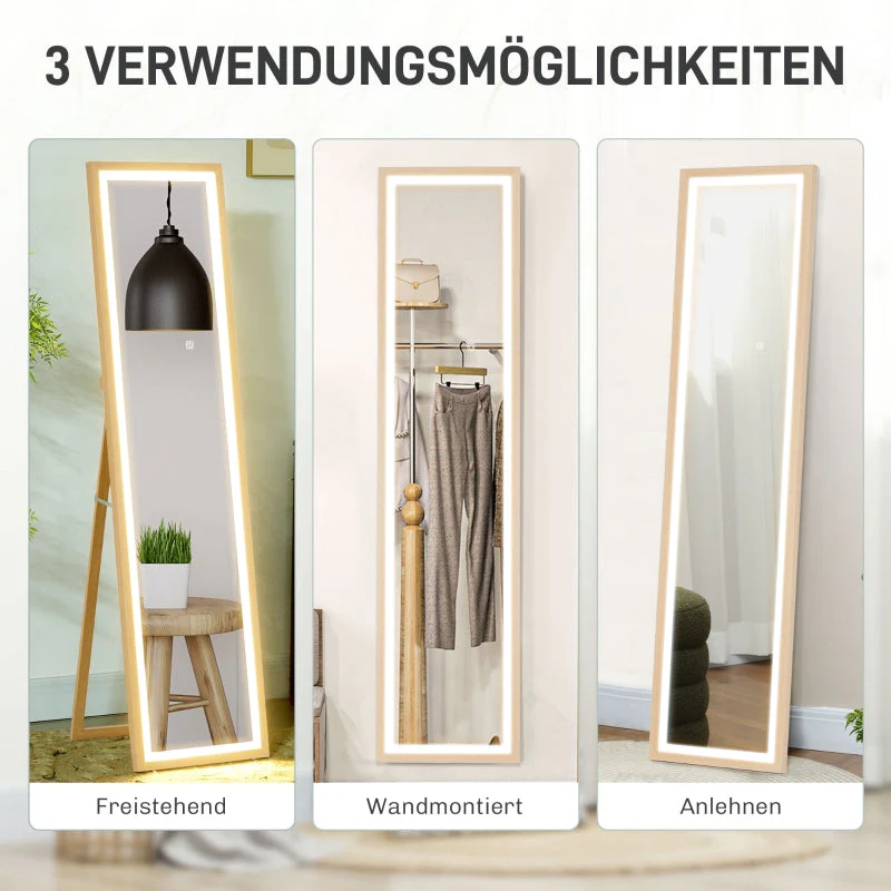 Full-Length Mirror, LED Light & Touch Control, Oak - Image 5