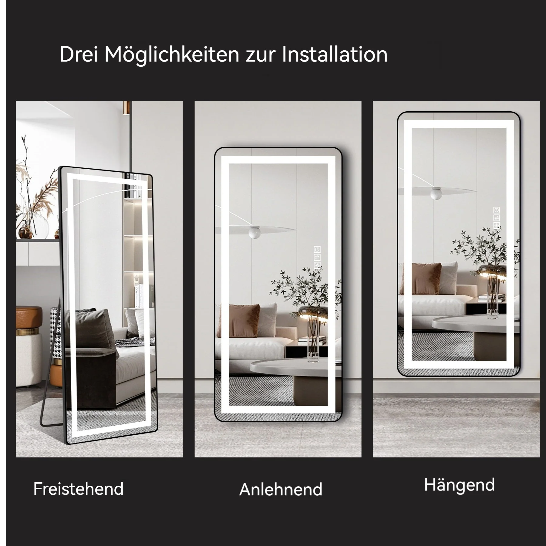 Full-length Vertical Mirror, LED Dimming 163x54CM, Aluminum Alloy Black - Image 4