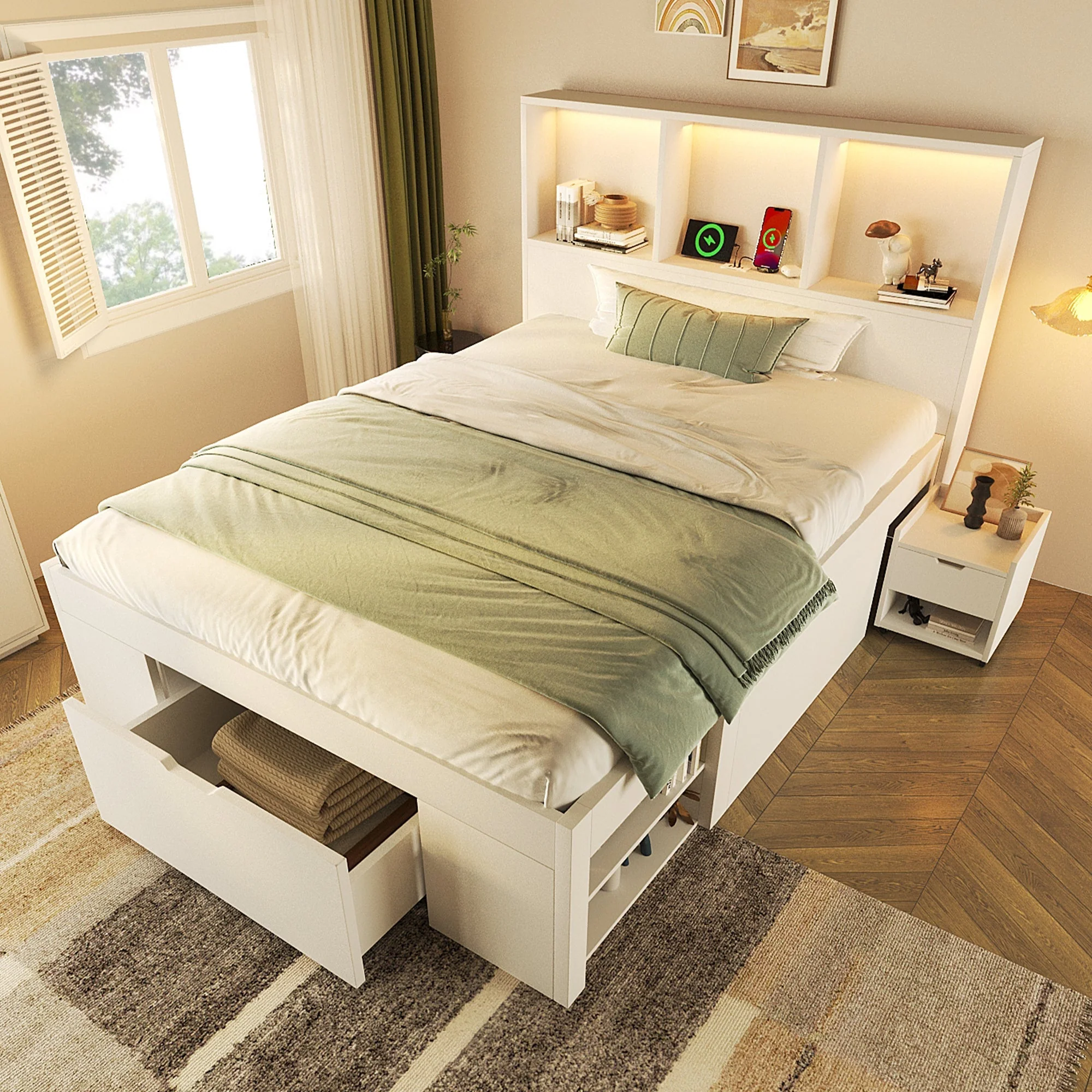 Functional Bed with LED Lighting, USB-C Charging and Storage, White Wood - Image 9