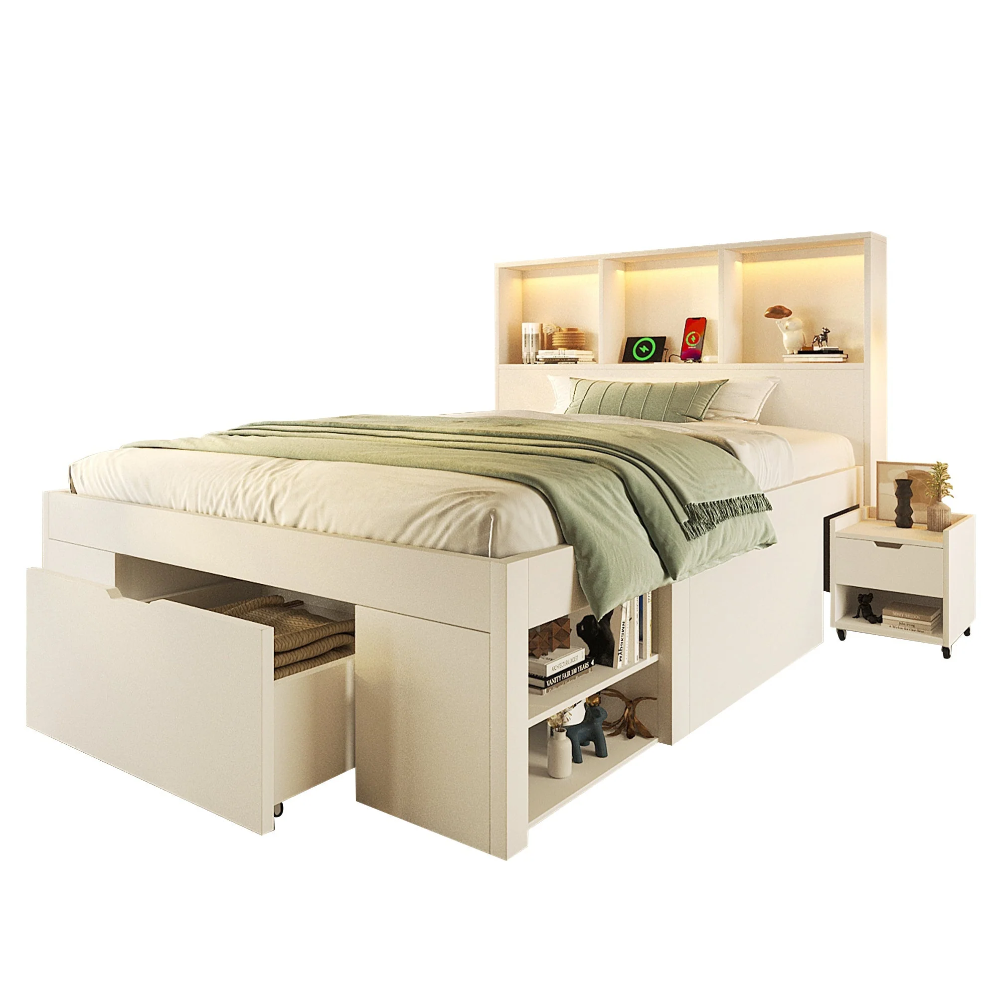 Functional Bed with LED, USB-C Charging, Storage and Movable Bedside Table, 90x200cm, White Wood - Image 8