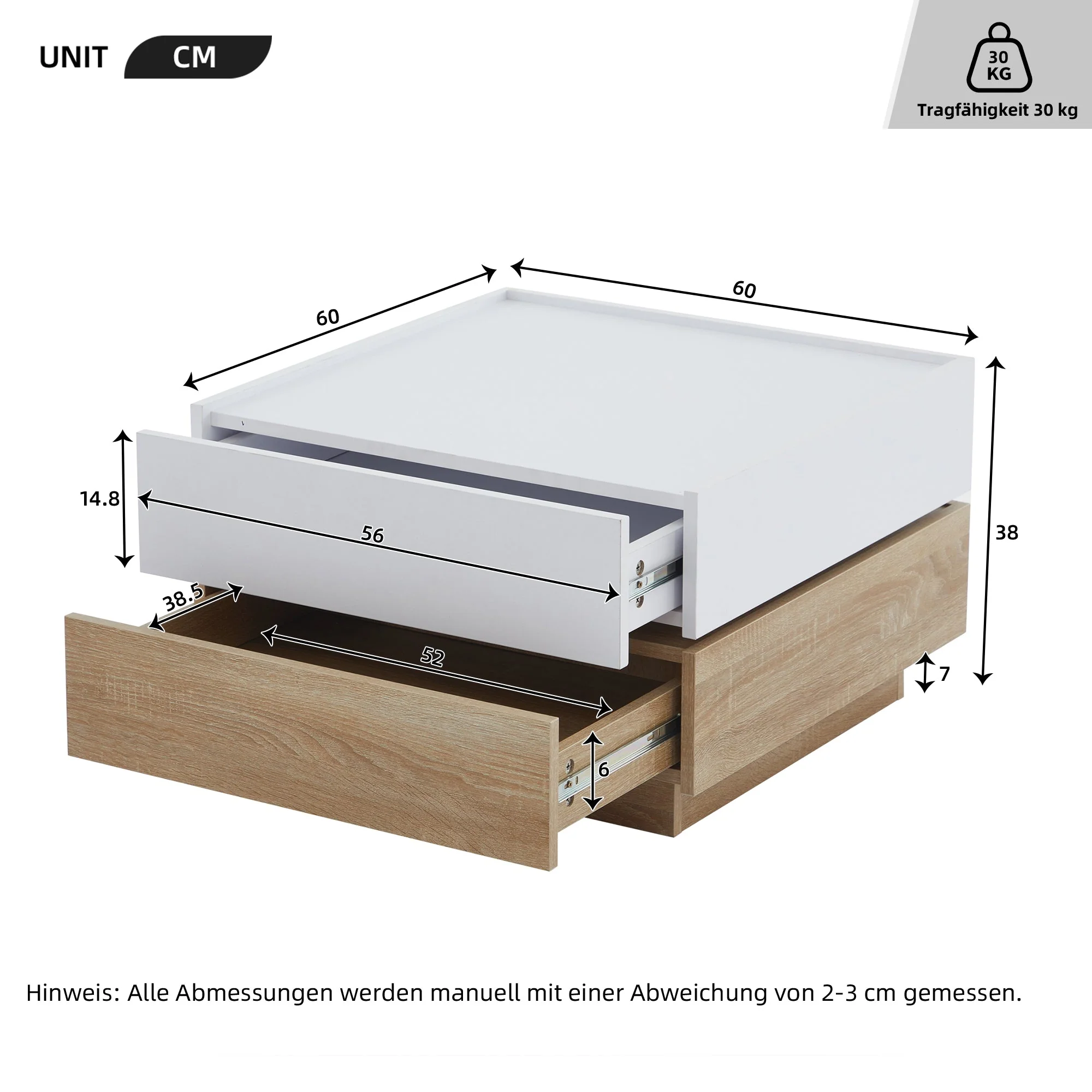 Functional coffee table, 360° rotatable with 2 levels storage, walnut frame white - Image 10