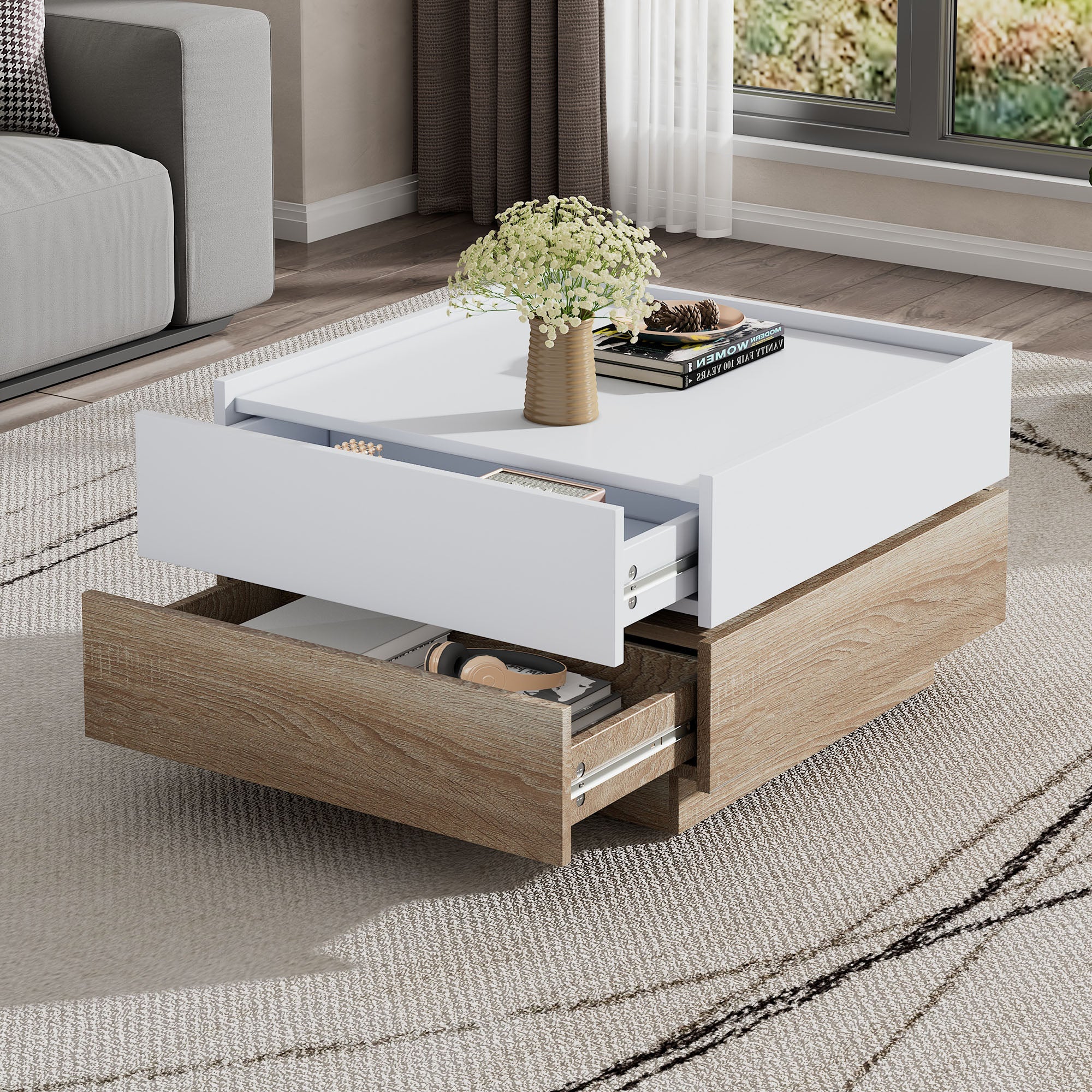 Functional coffee table, 360° rotatable with 2 levels storage, walnut frame white - Image 3